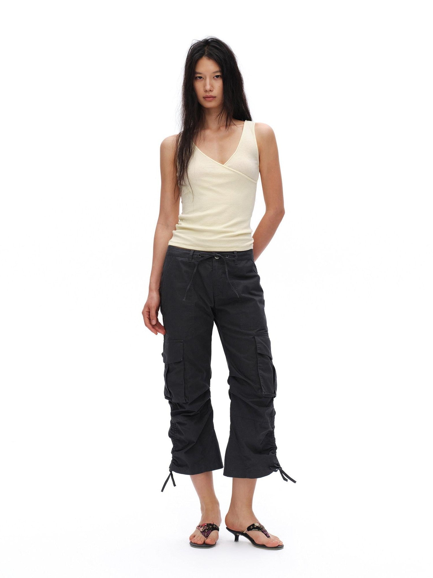 oinimi Deep Gray Pleated Drawstring Low Rise Cropped Straight Women&