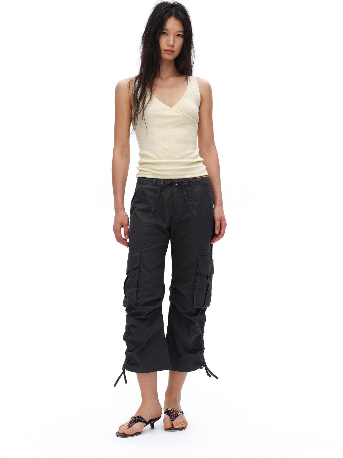 oinimi Deep Gray Pleated Drawstring Low Rise Cropped Straight Women&