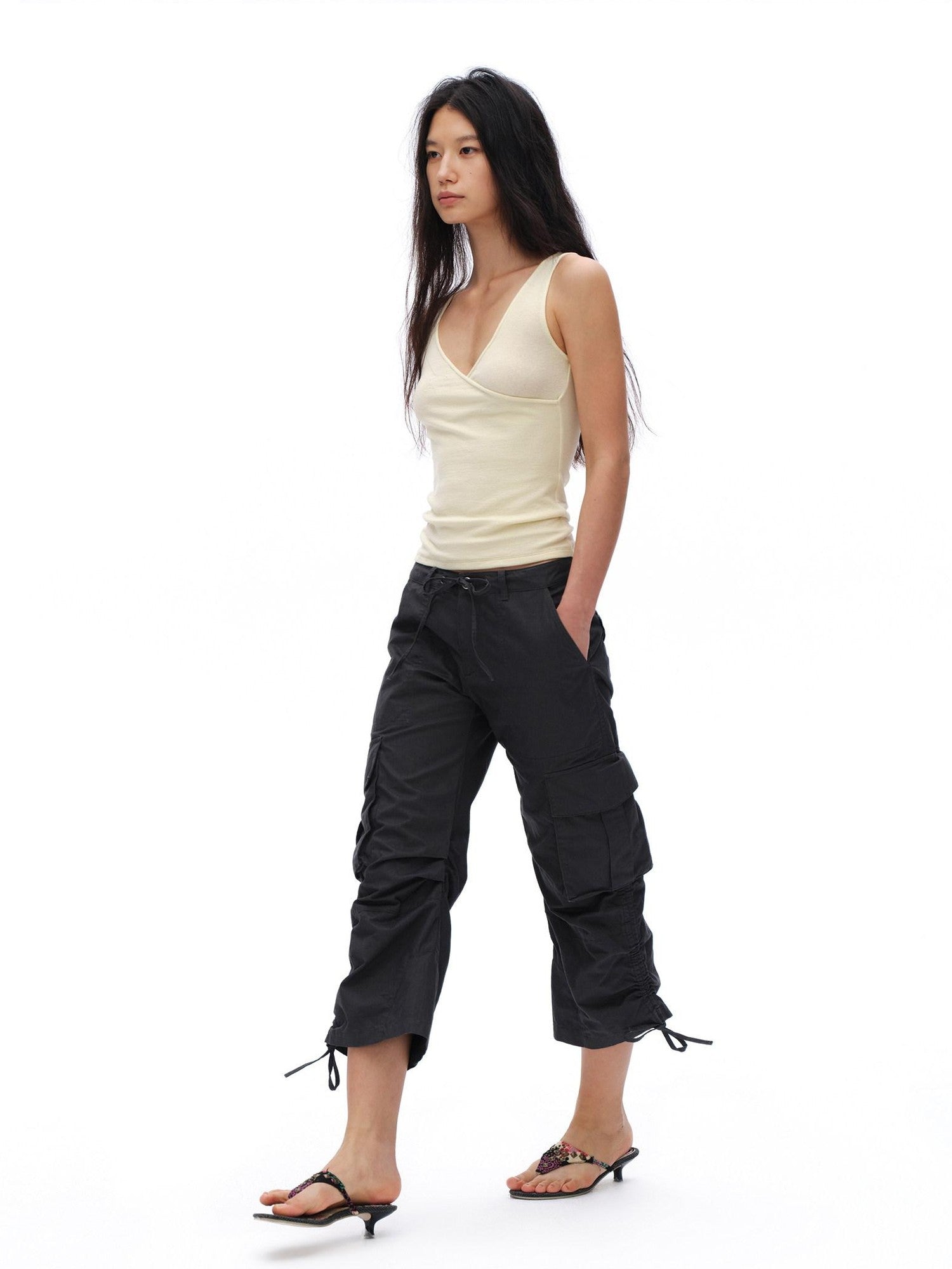 oinimi Deep Gray Pleated Drawstring Low Rise Cropped Straight Women&