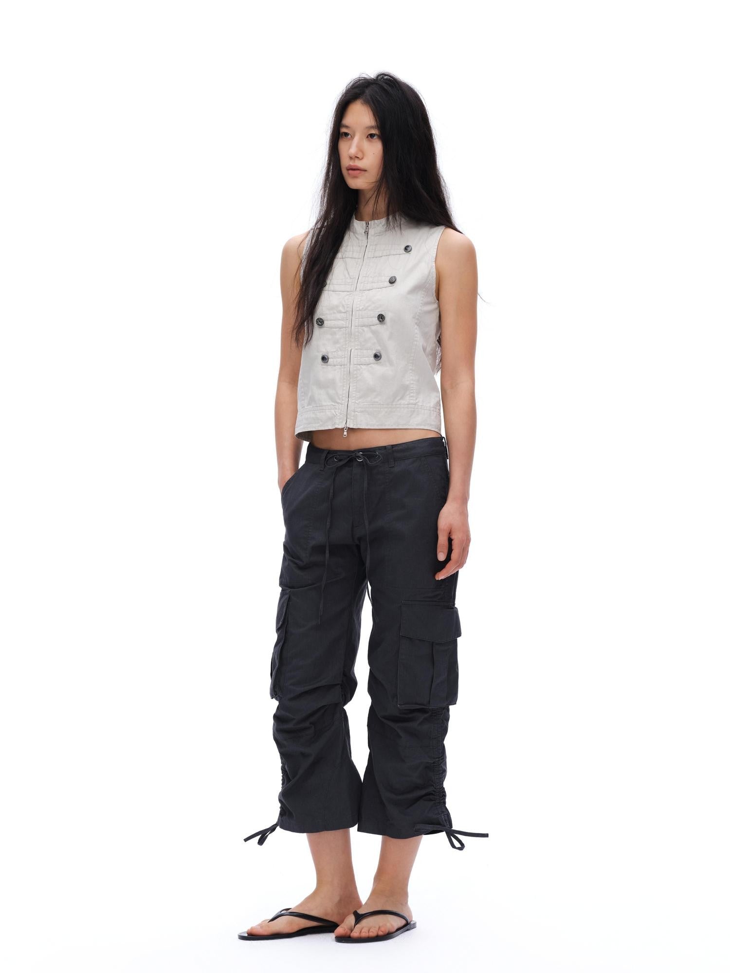 oinimi Deep Gray Pleated Drawstring Low Rise Cropped Straight Women&