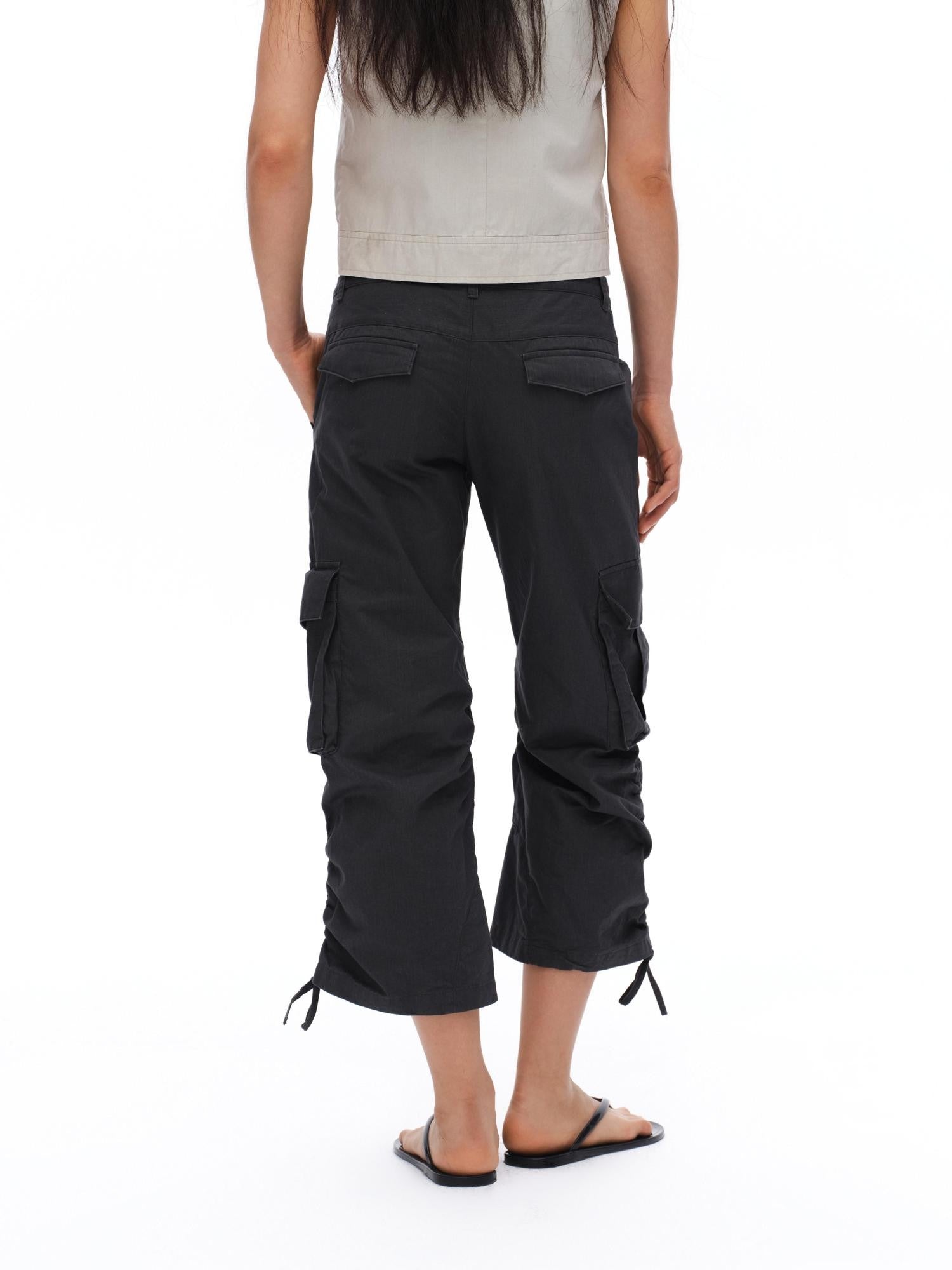 oinimi Deep Gray Pleated Drawstring Low Rise Cropped Straight Women&