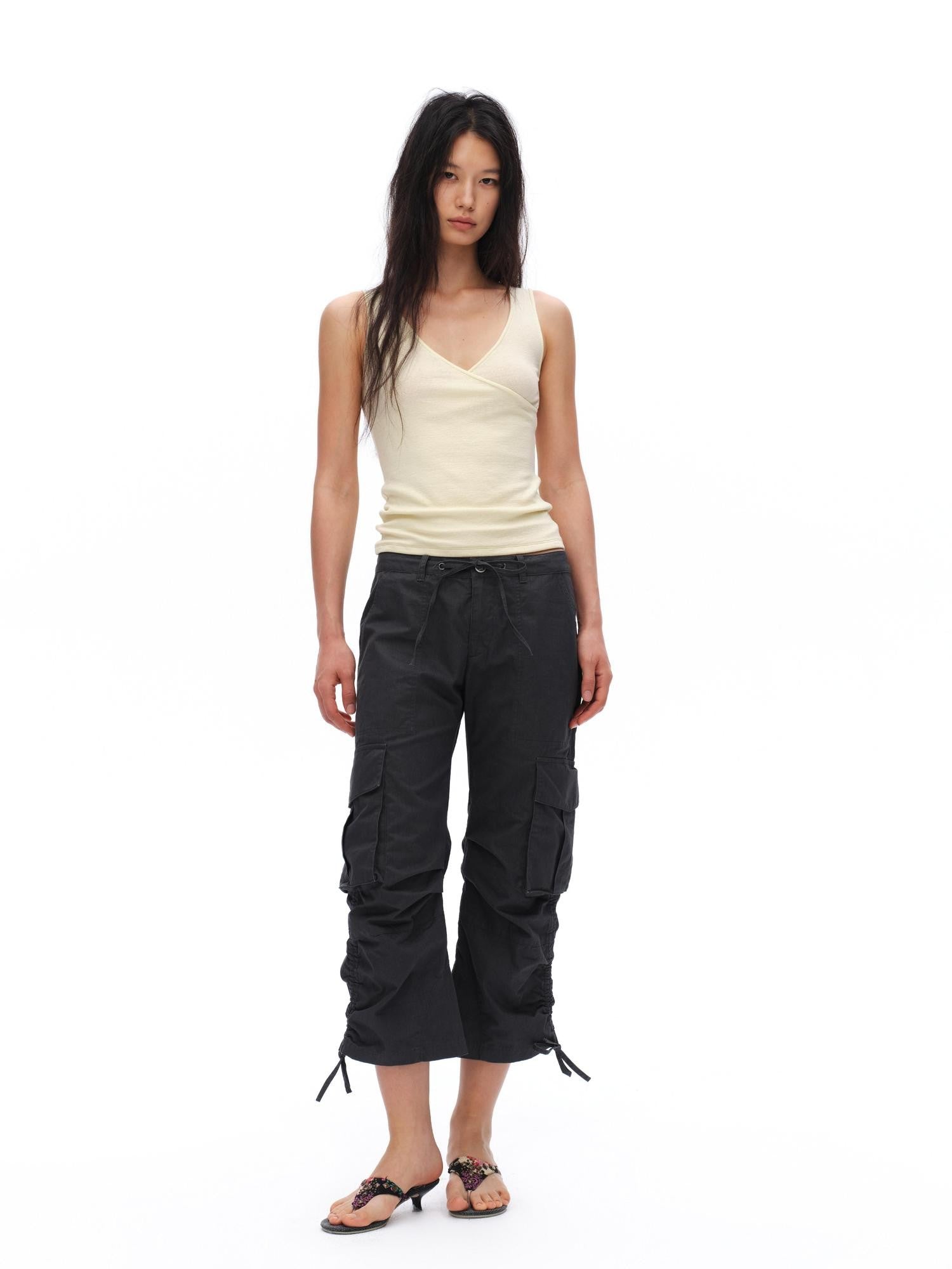 oinimi Deep Gray Pleated Drawstring Low Rise Cropped Straight Women&