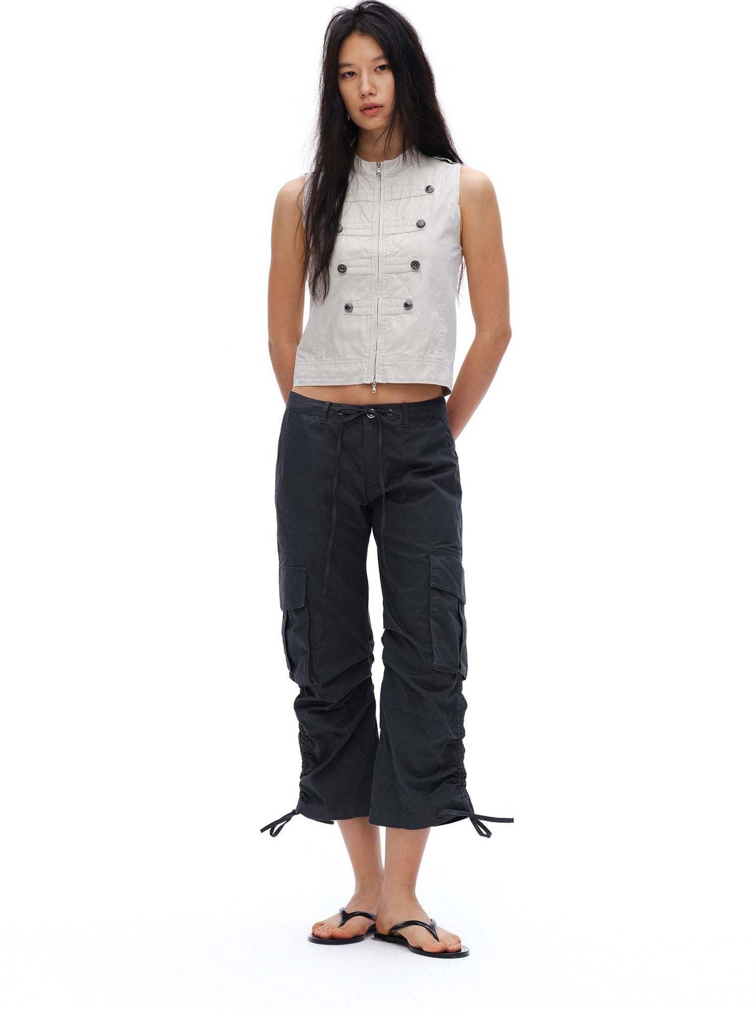 oinimi Deep Gray Pleated Drawstring Low Rise Cropped Straight Women&