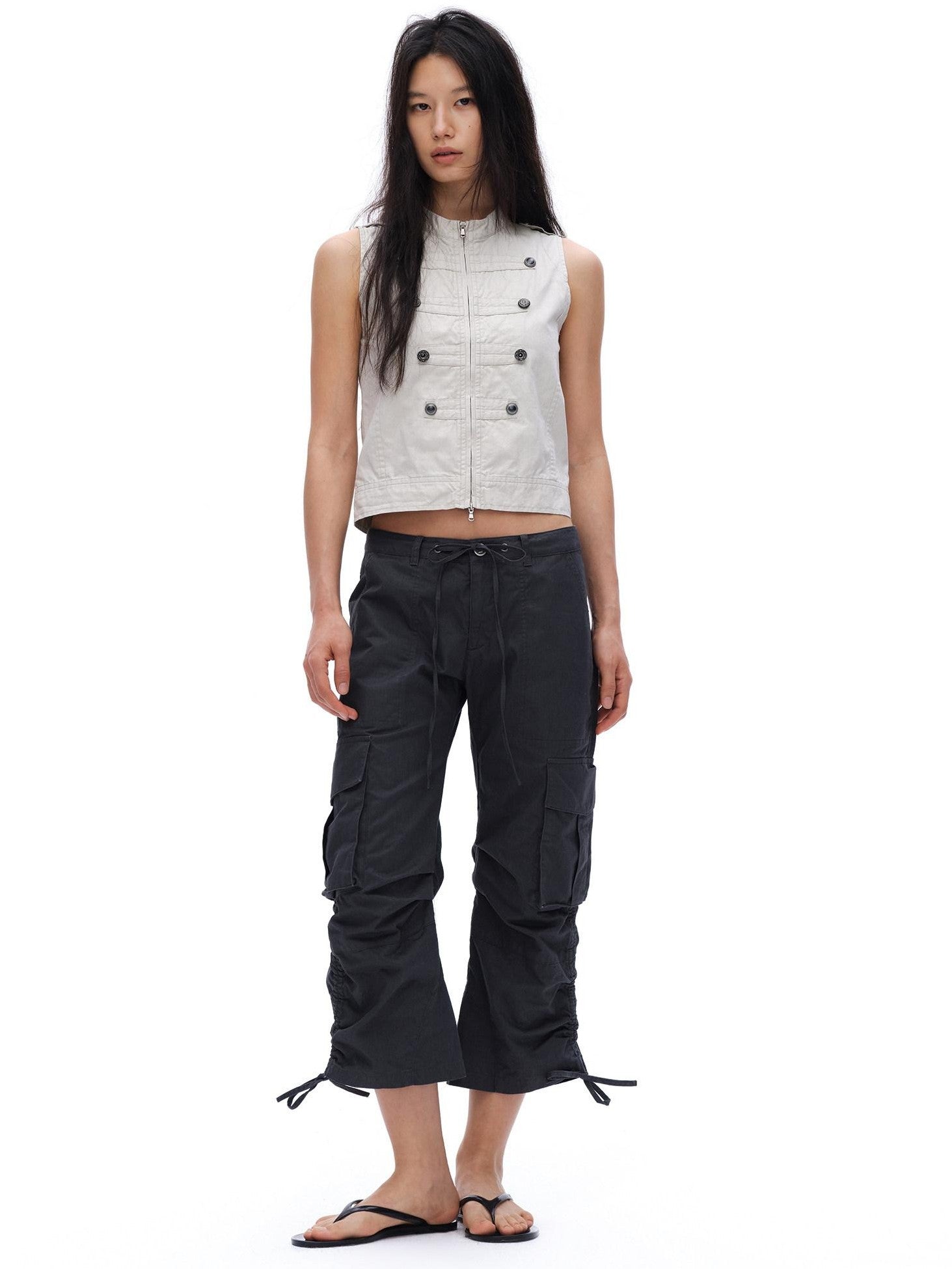 oinimi Deep Gray Pleated Drawstring Low Rise Cropped Straight Women&