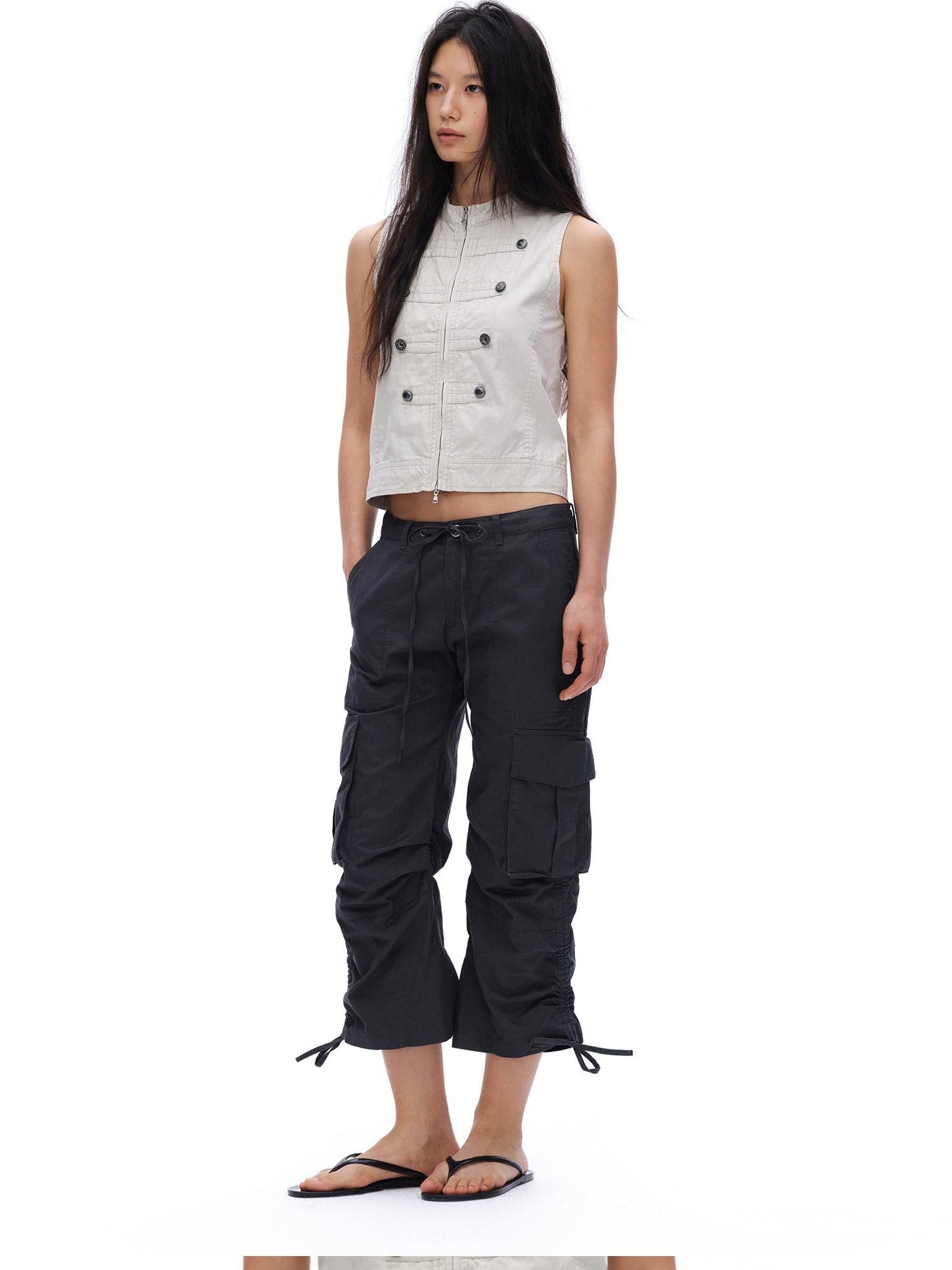 oinimi Deep Gray Pleated Drawstring Low Rise Cropped Straight Women&