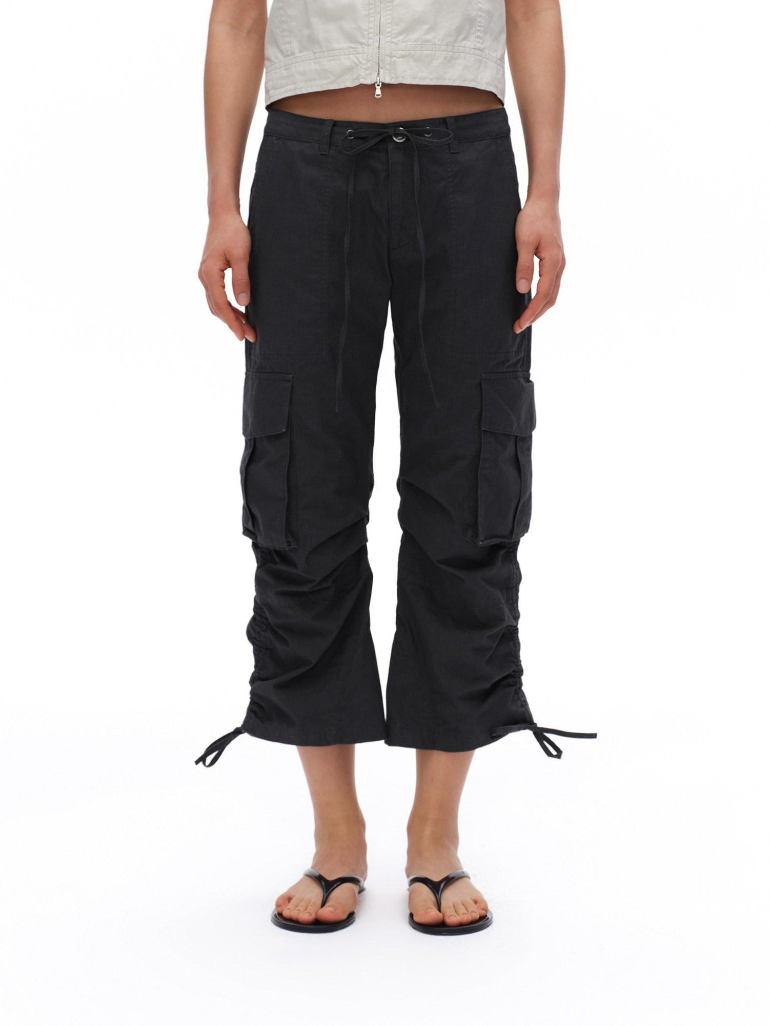 oinimi Deep Gray Pleated Drawstring Low Rise Cropped Straight Women&
