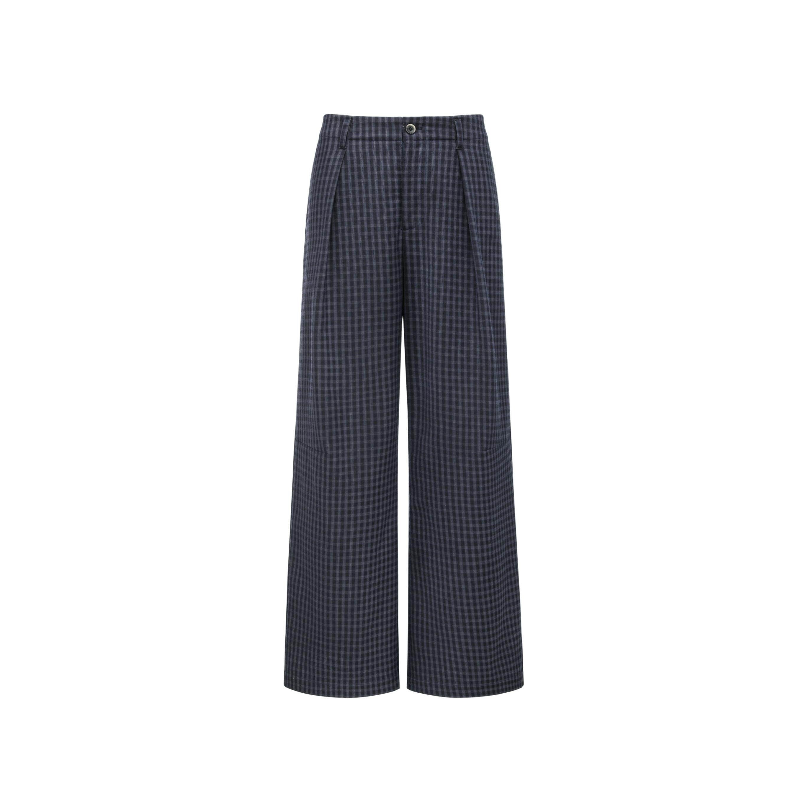 oinimi_Deep_Navy_Plaid_Wide_Leg_Natural_Waist_Button_Closure_Casual_Pants_MISSTT