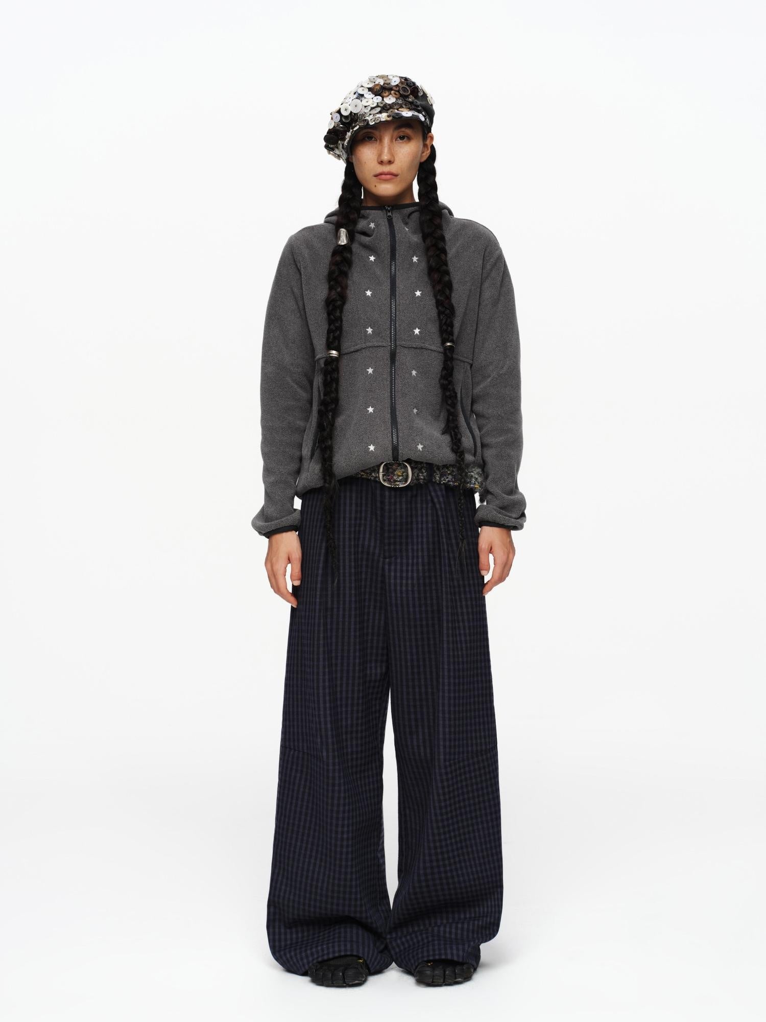 oinimi Deep Navy Plaid Wide Leg Natural Waist Button Closure Casual Pants