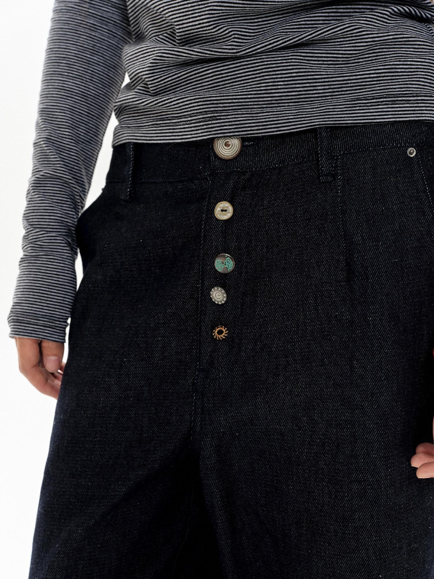 oinimi Denim Blue Ruffled Capri Pants With Playful Buttons