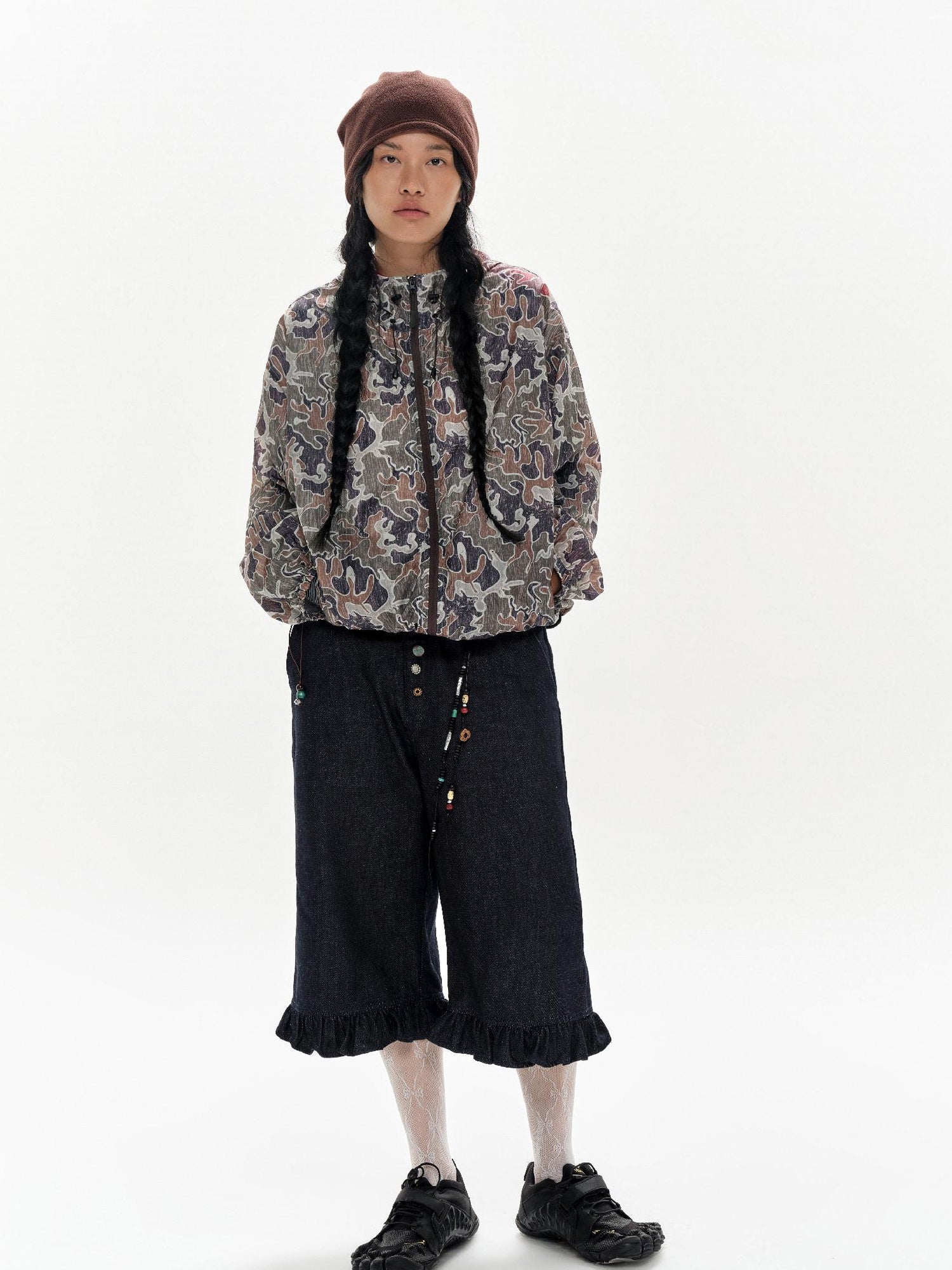 oinimi Denim Blue Ruffled Capri Pants With Playful Buttons