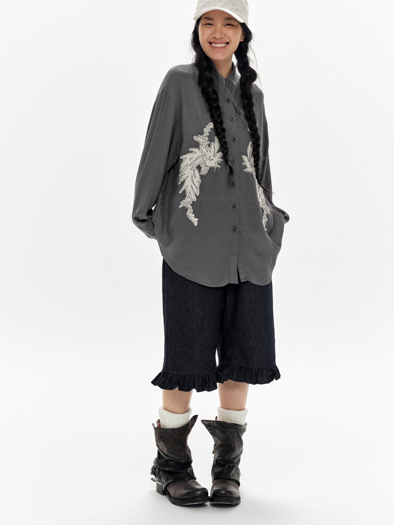 oinimi Denim Blue Ruffled Capri Pants With Playful Buttons