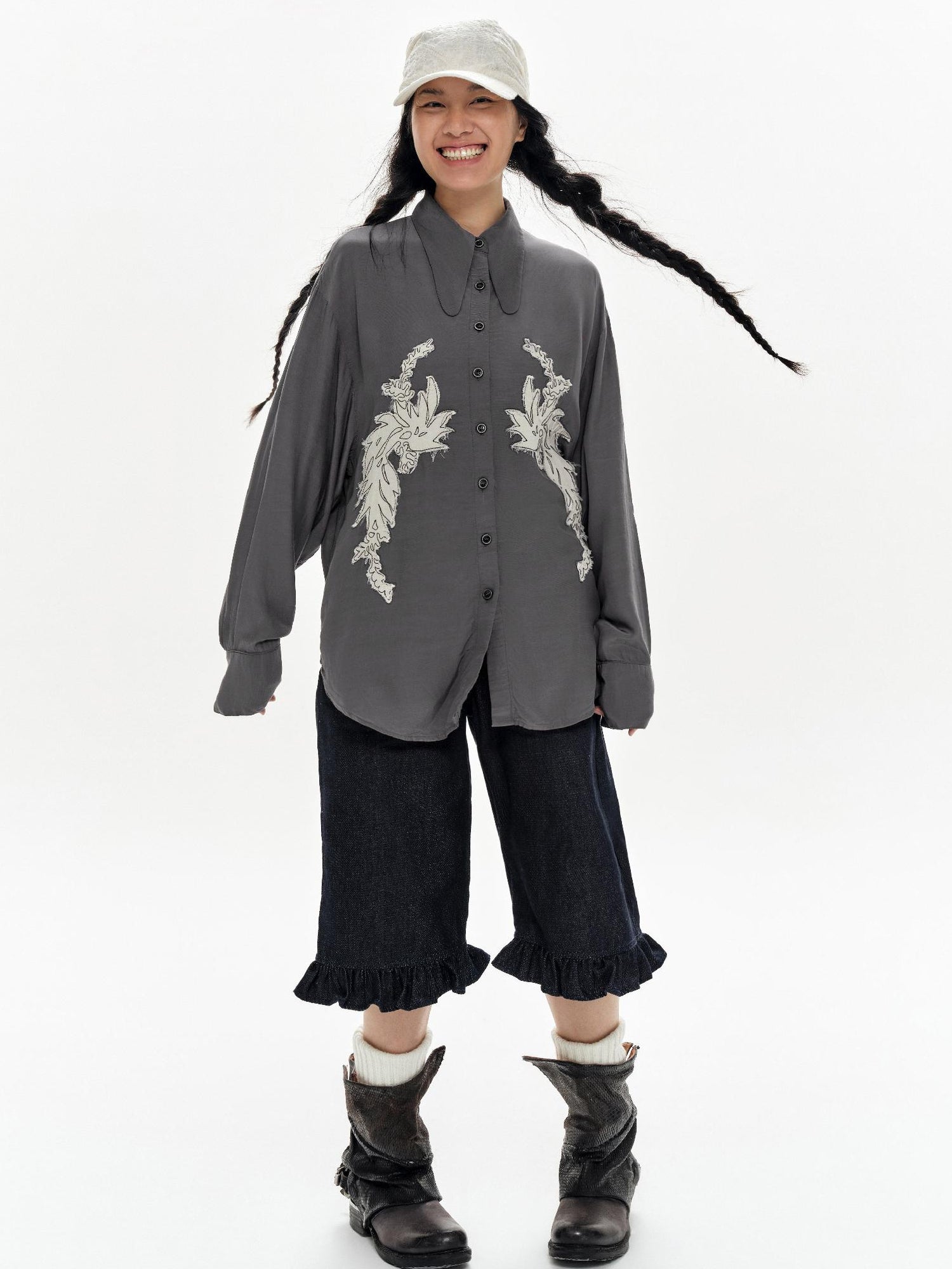 oinimi Denim Blue Ruffled Capri Pants With Playful Buttons