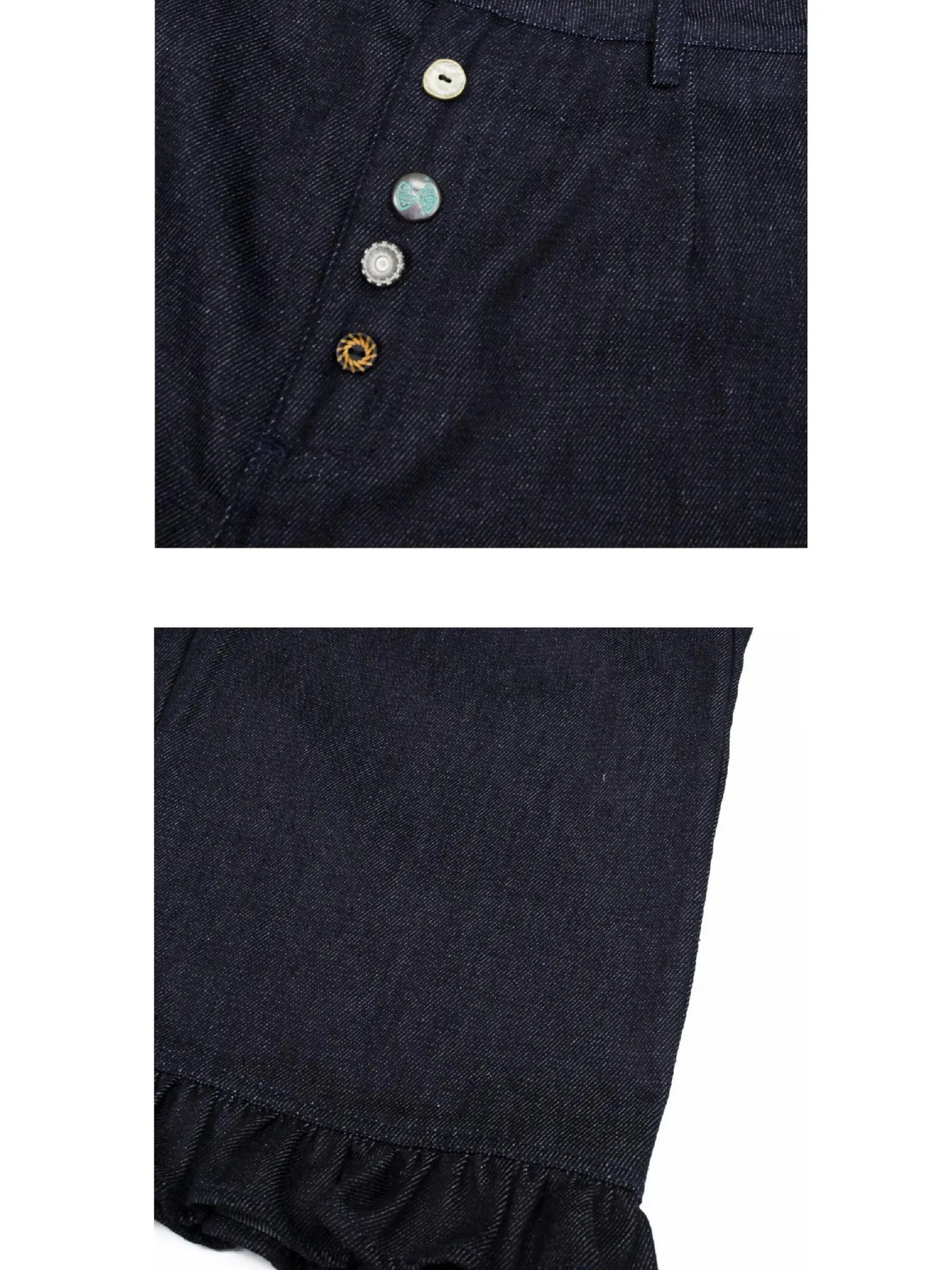 Denim Blue Ruffled Capri Pants With Playful Buttons