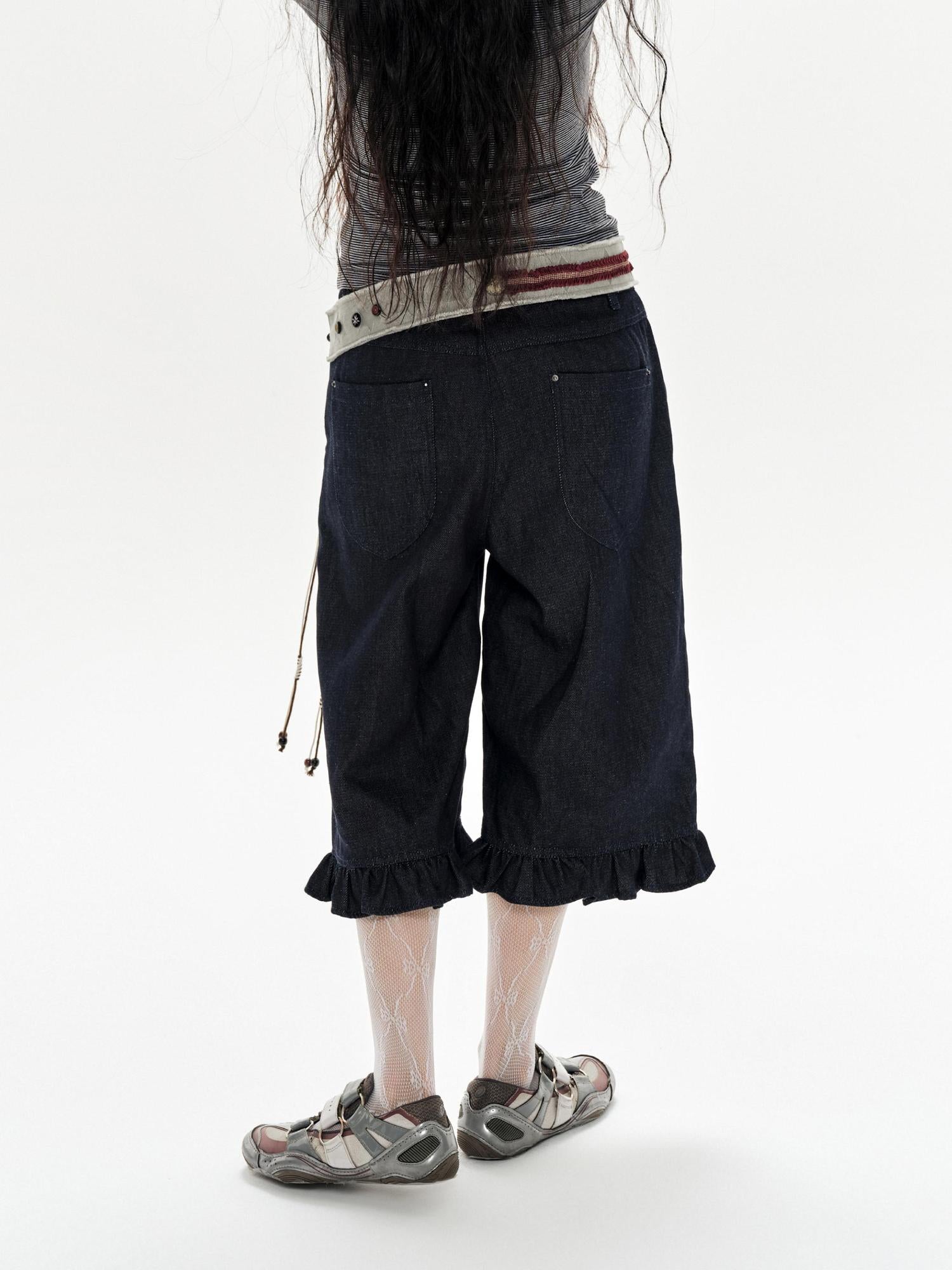 oinimi Denim Blue Ruffled Capri Pants With Playful Buttons