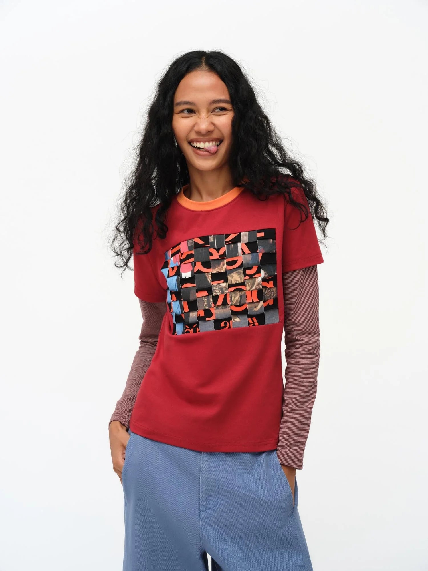 Distressed Mosaic Collar Long Sleeve Tee