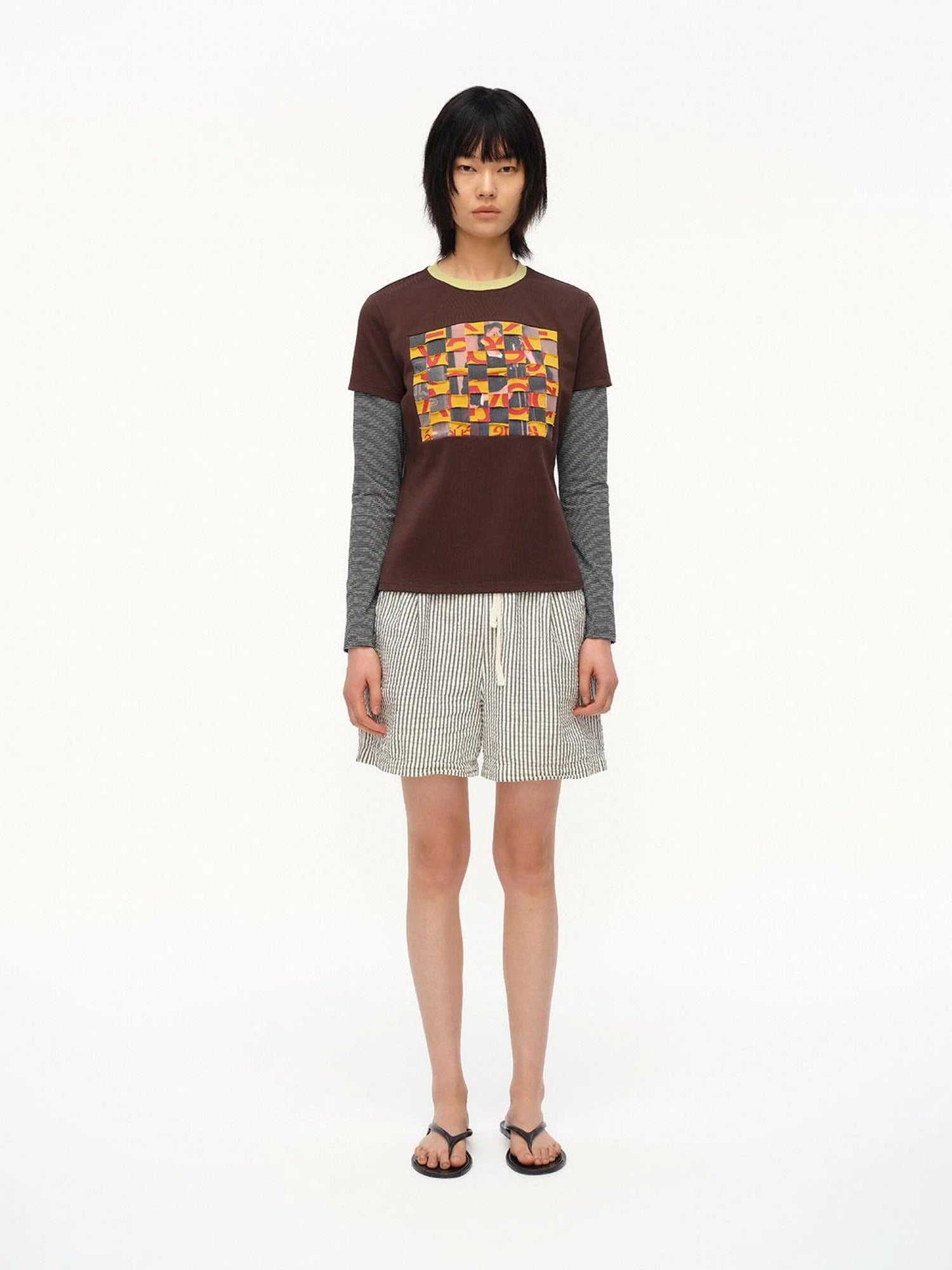 Distressed Mosaic Collar Long Sleeve Tee