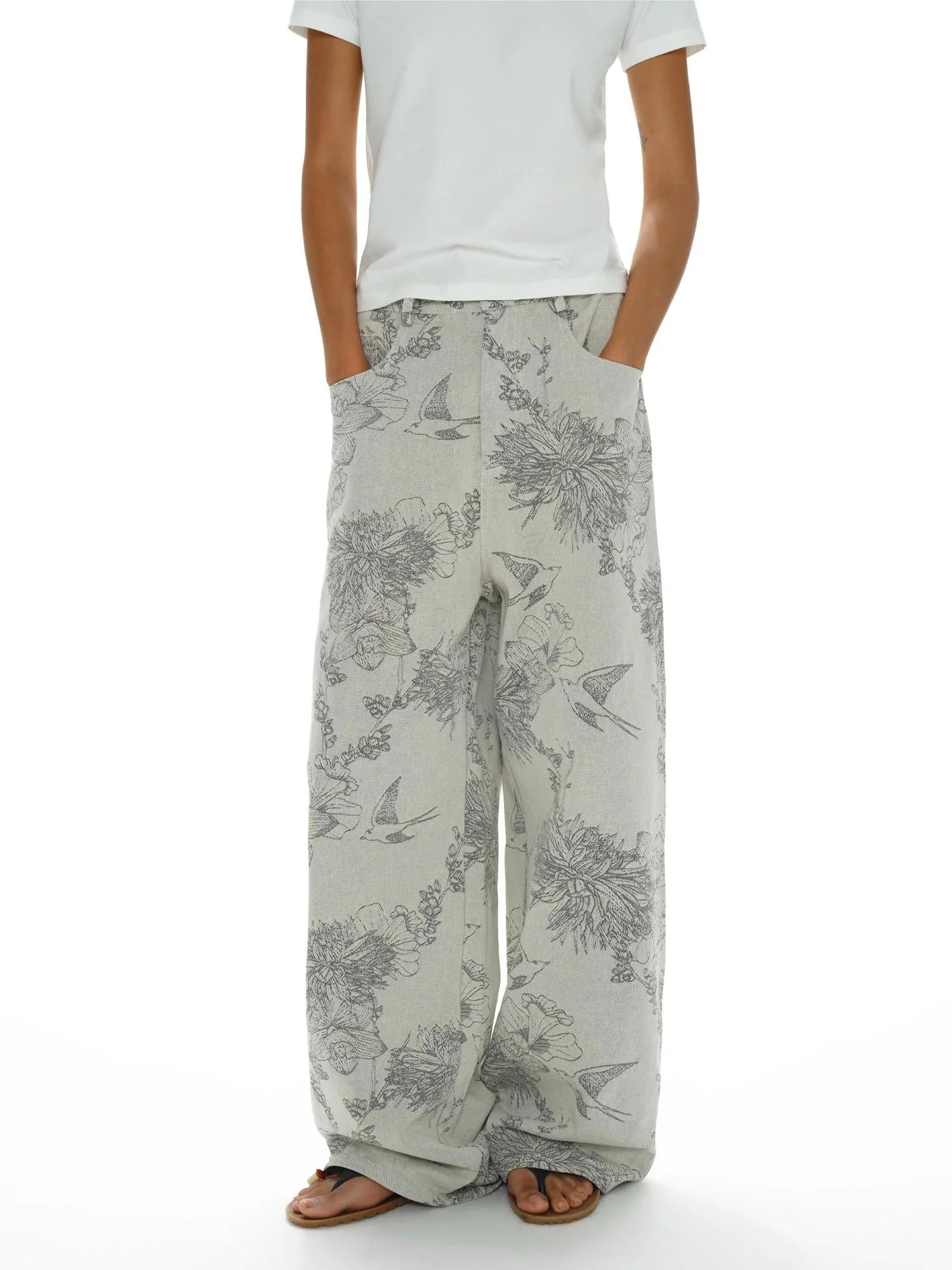Distressed Print Denim Wide Leg Trousers Low Waist Straight Cut