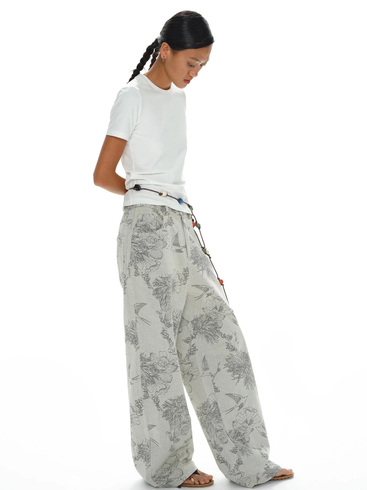 Distressed Print Denim Wide Leg Trousers Low Waist Straight Cut