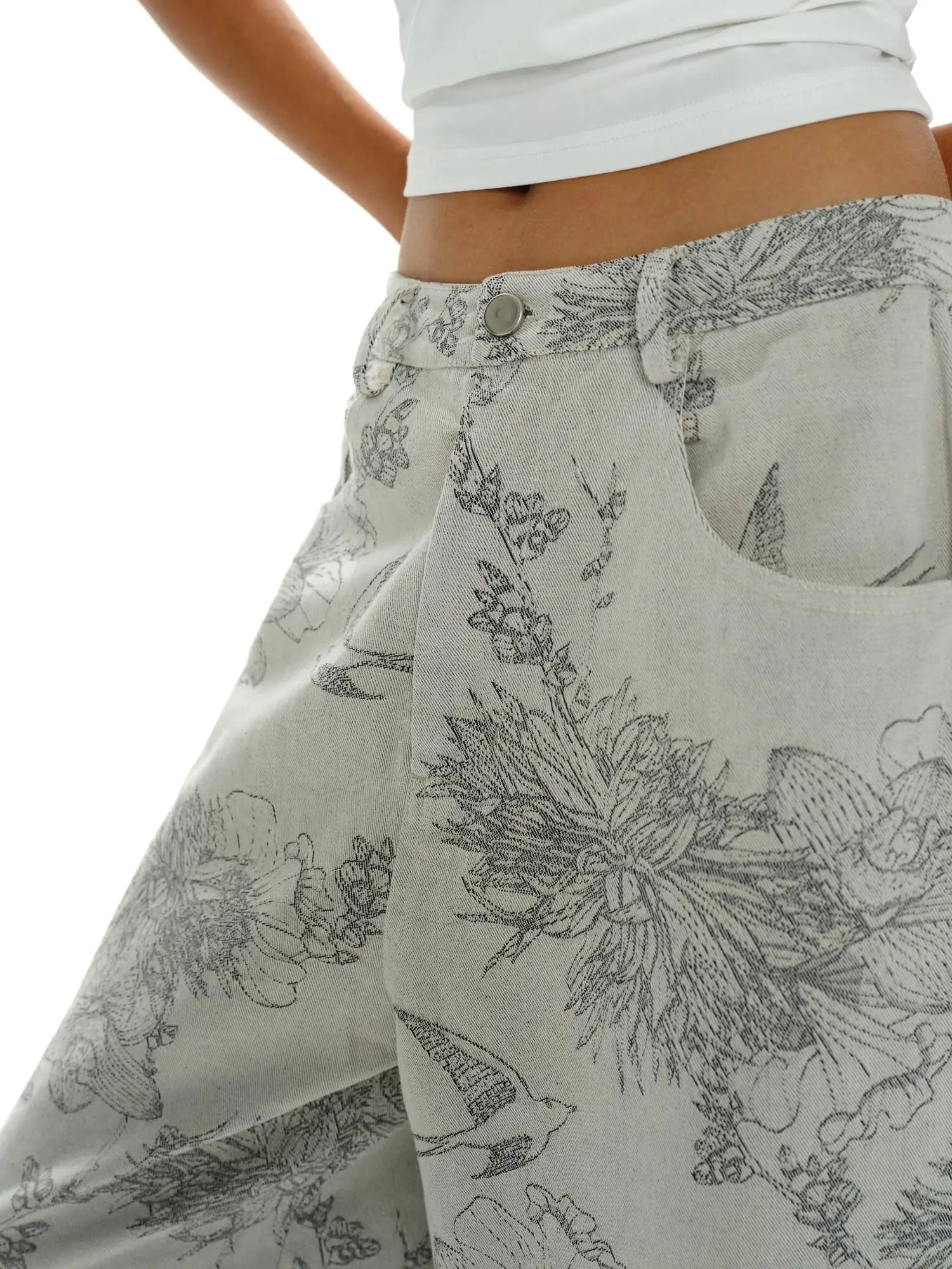 Distressed Print Denim Wide Leg Trousers Low Waist Straight Cut