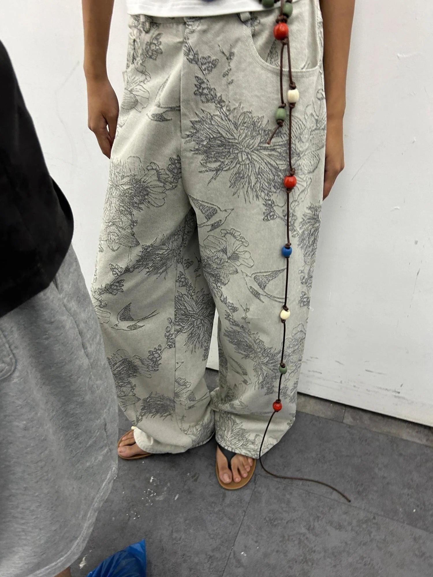 Distressed Print Denim Wide Leg Trousers Low Waist Straight Cut