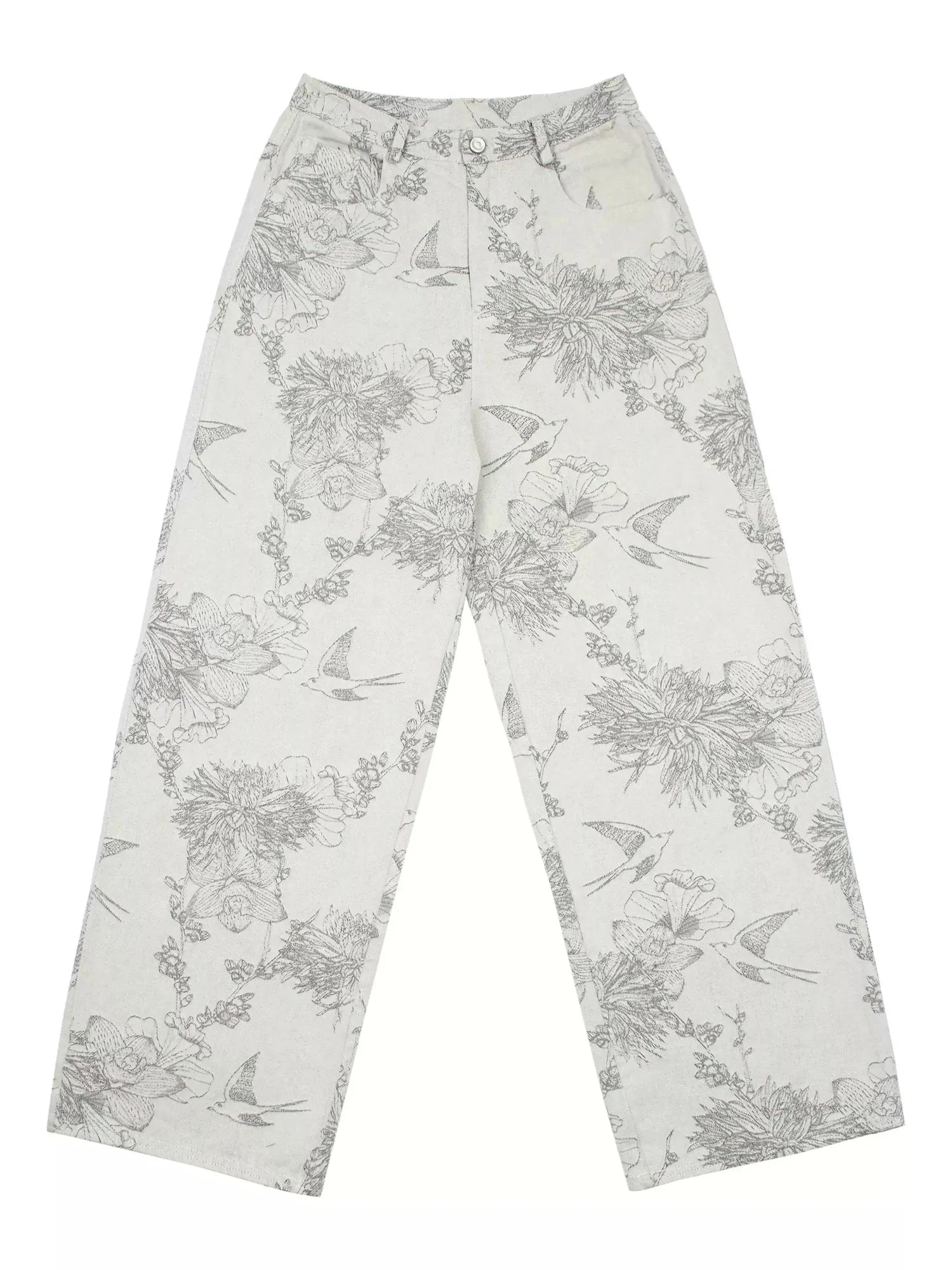 Distressed Print Denim Wide Leg Trousers Low Waist Straight Cut