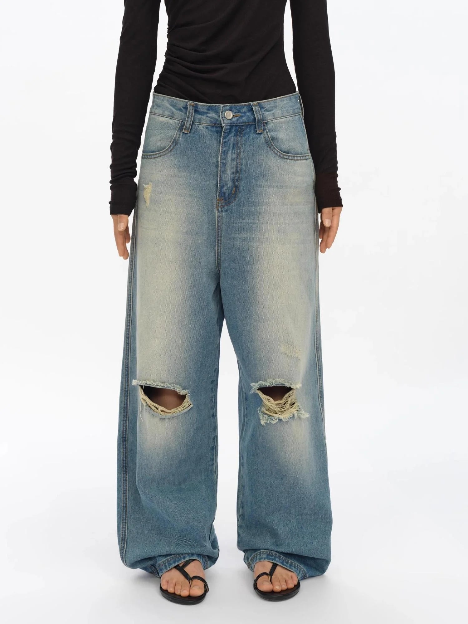Distressed Washed Loose Fit Straight Leg Denim Jeans