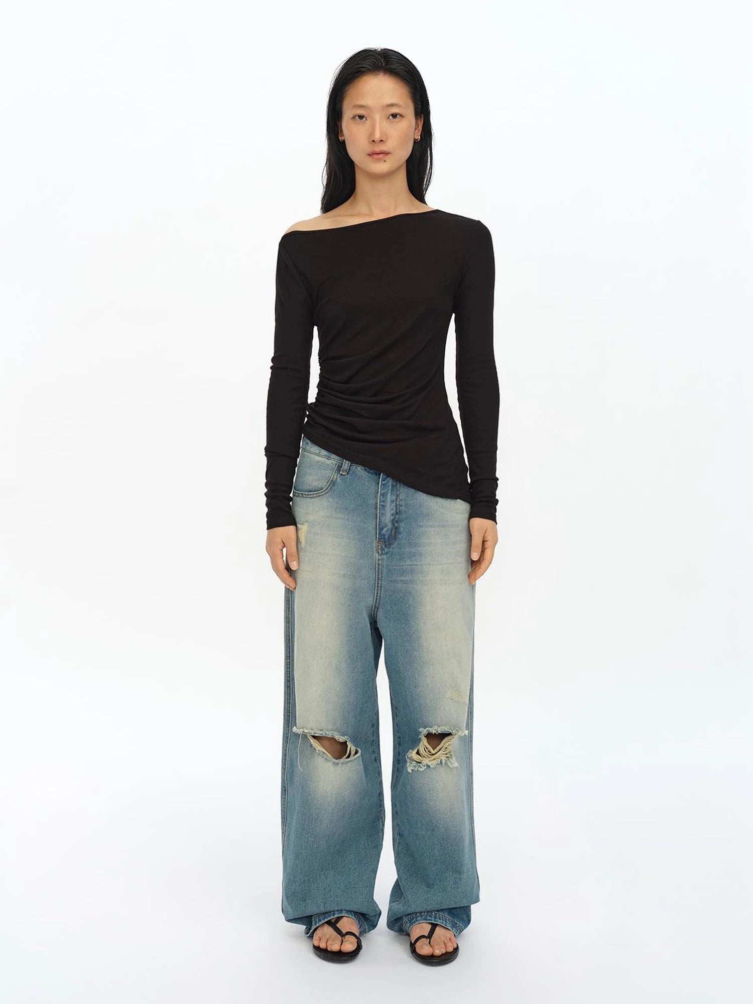 Distressed Washed Loose Fit Straight Leg Denim Jeans