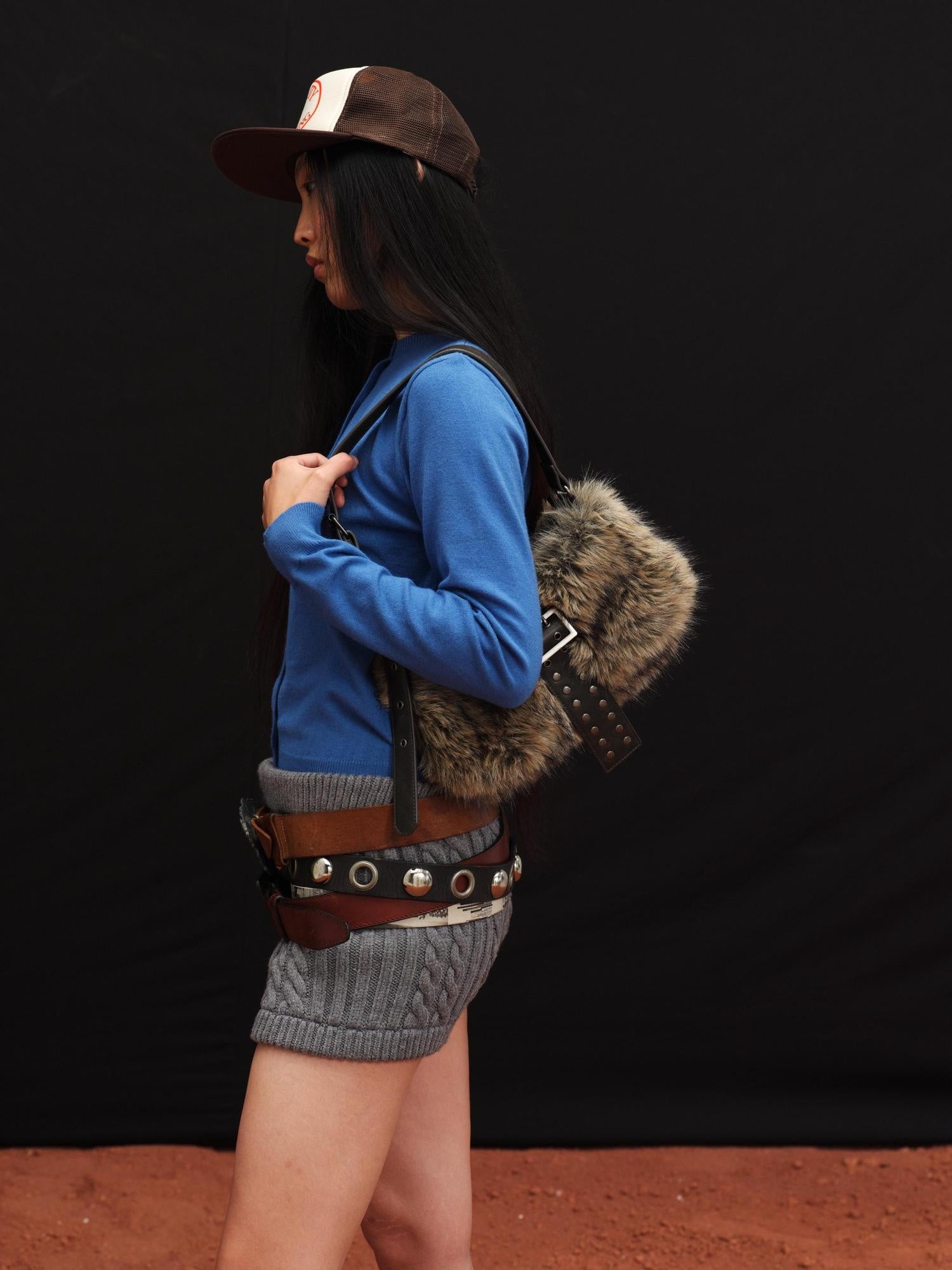 oinimi Faux Fur Belt Accent Vintage Pillow Single Strap Underarm Daily Youth Bag