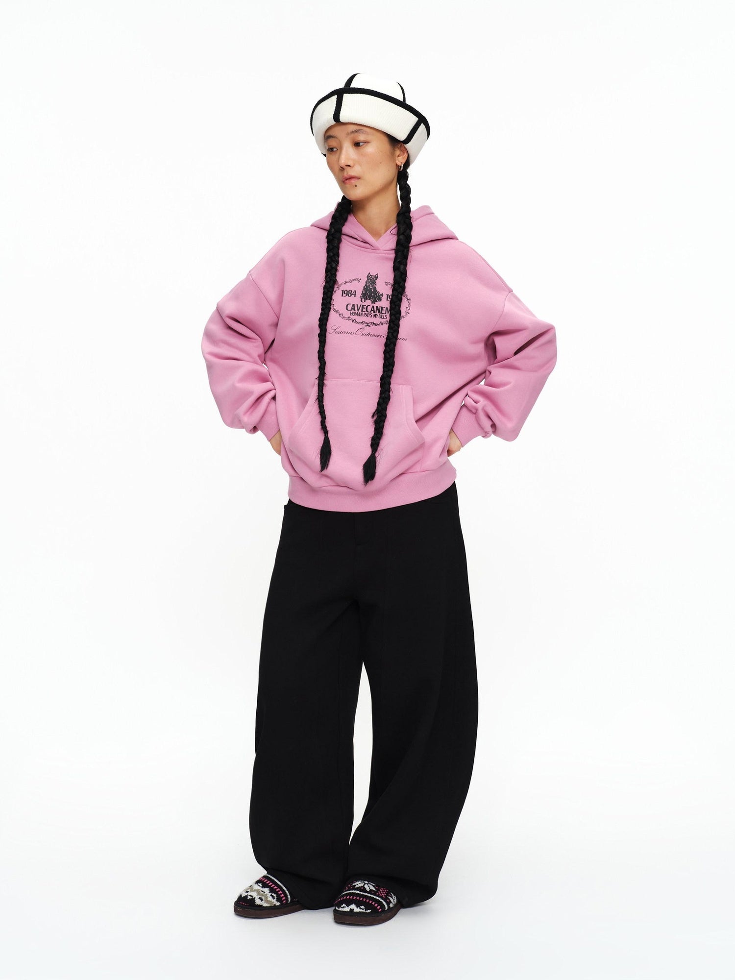 oinimi Fleece Lined 100 Percent Cotton Loose Hooded Pullover Rose Pink Hoodies