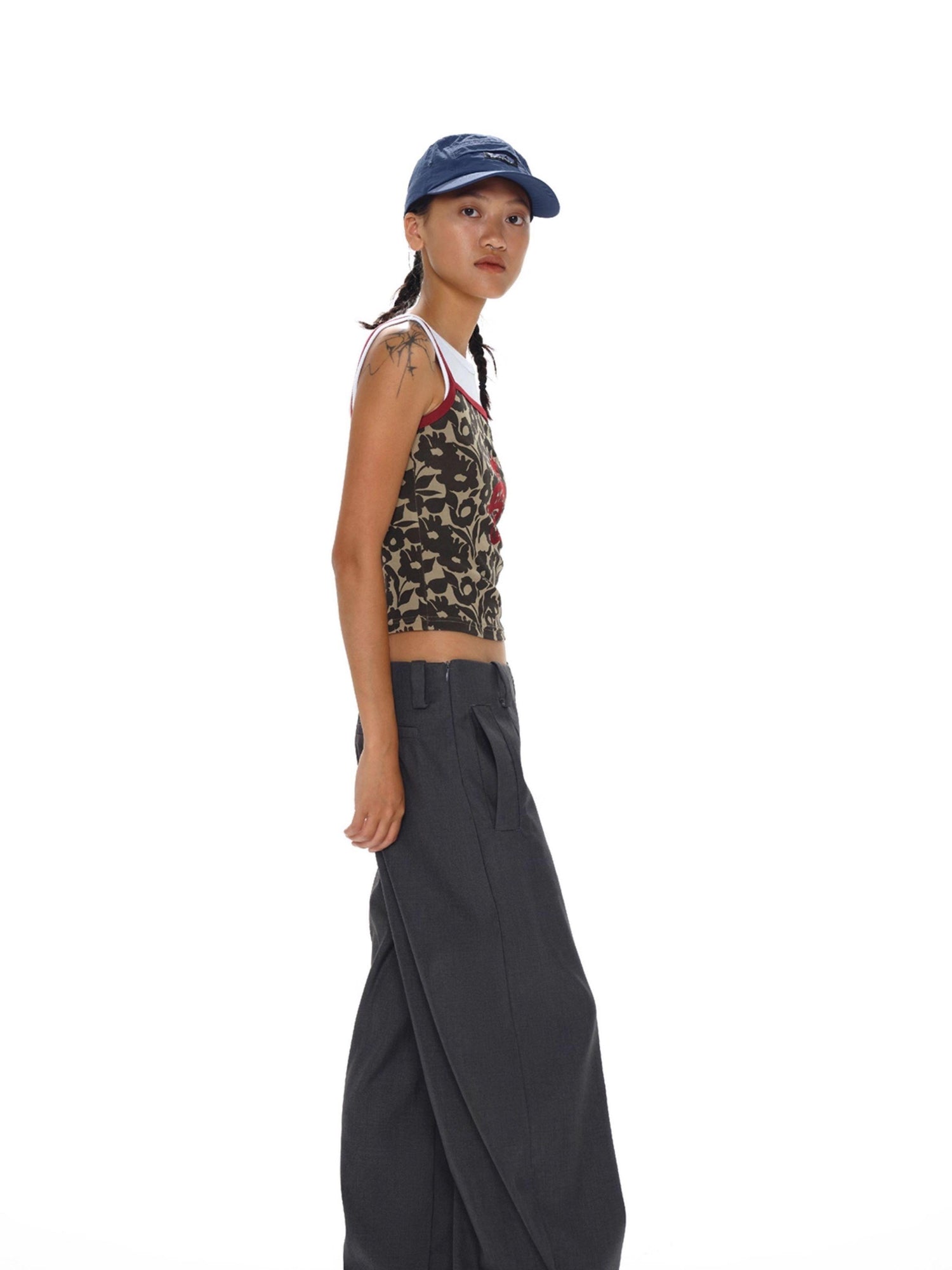 oinimi Flock Dragon Print Vintage Contrast Strap V-neck Top