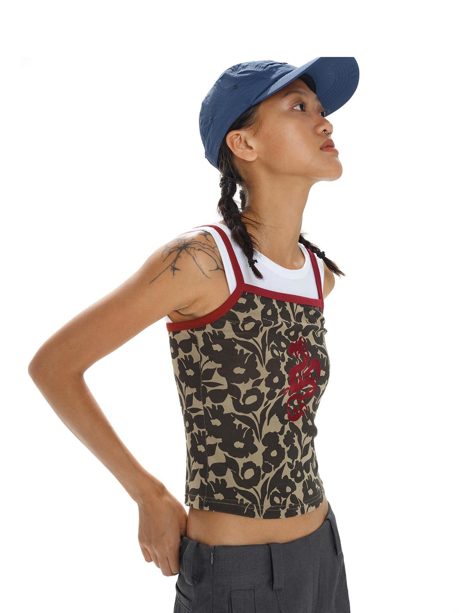 oinimi Flock Dragon Print Vintage Contrast Strap V-neck Top