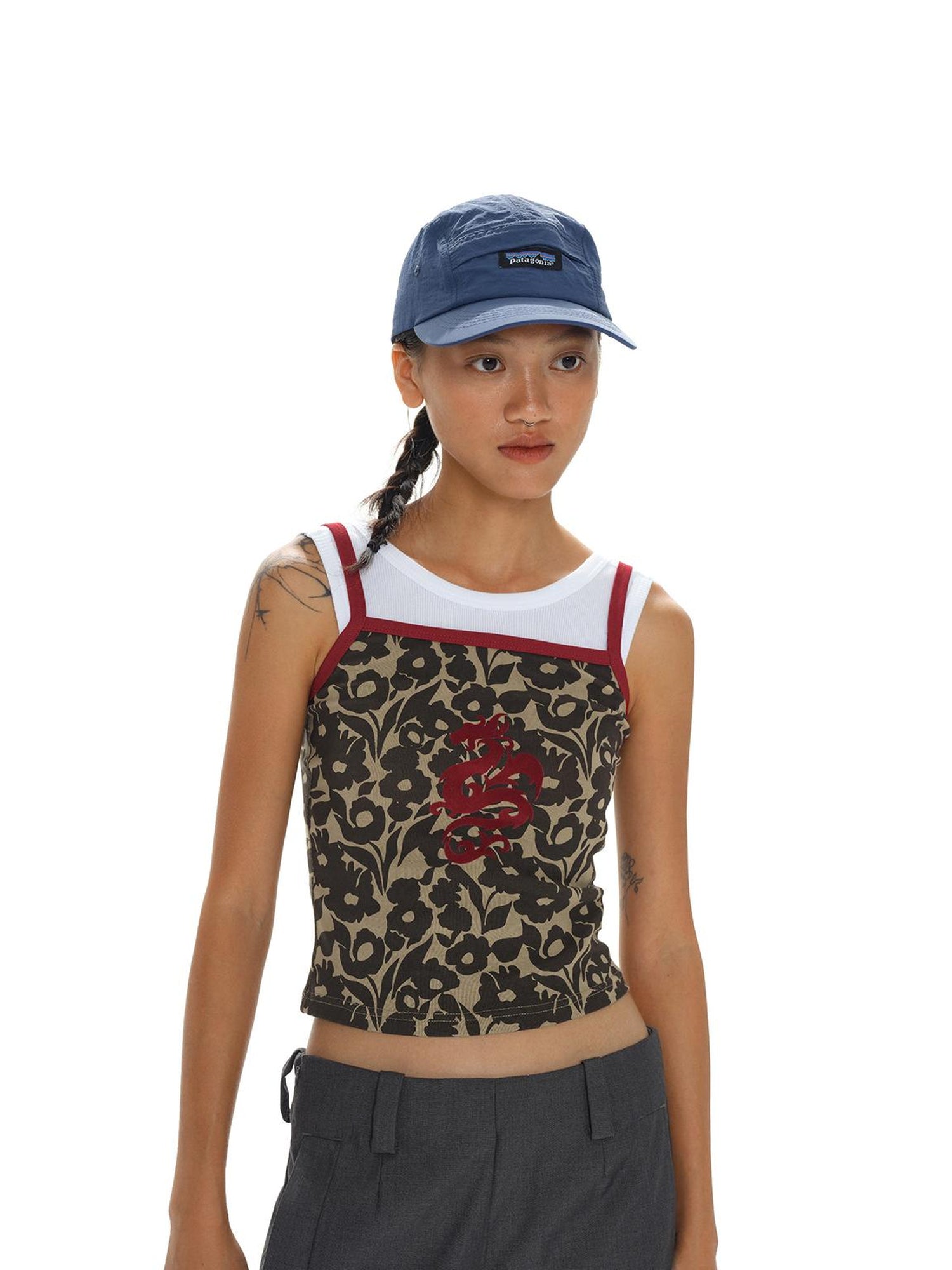 oinimi Flock Dragon Print Vintage Contrast Strap V-neck Top