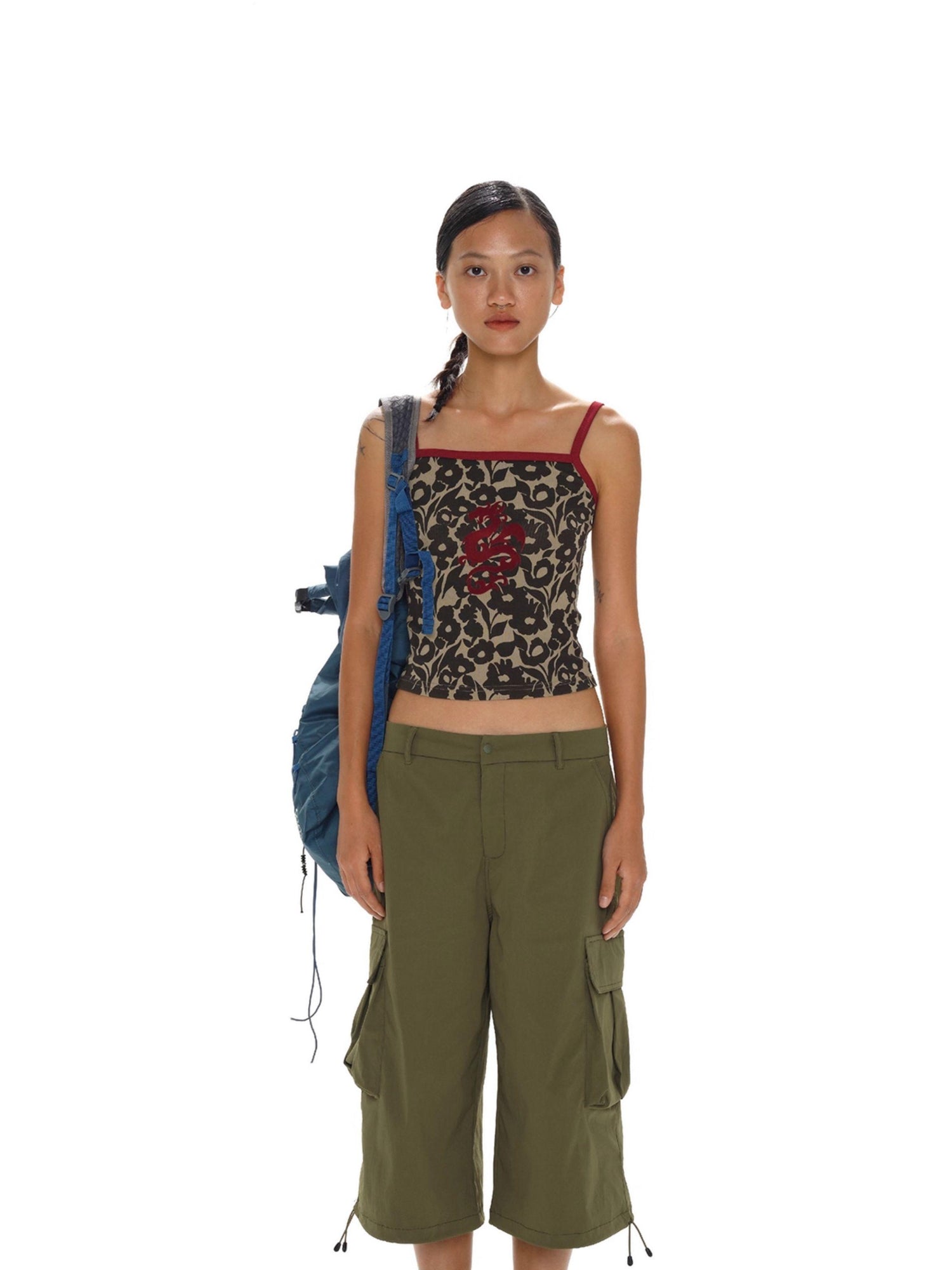 oinimi Flock Dragon Print Vintage Contrast Strap V-neck Top