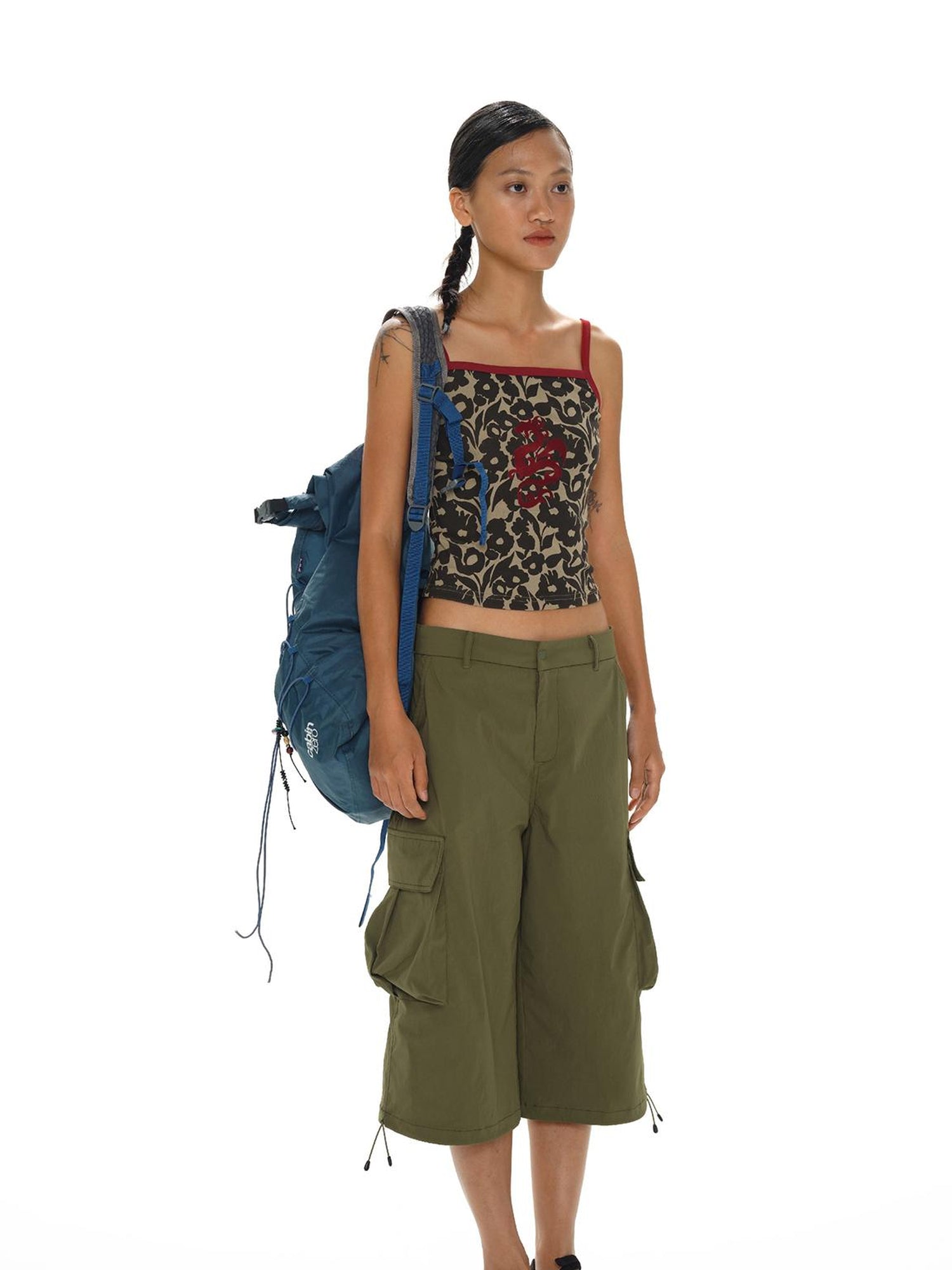 oinimi Flock Dragon Print Vintage Contrast Strap V-neck Top