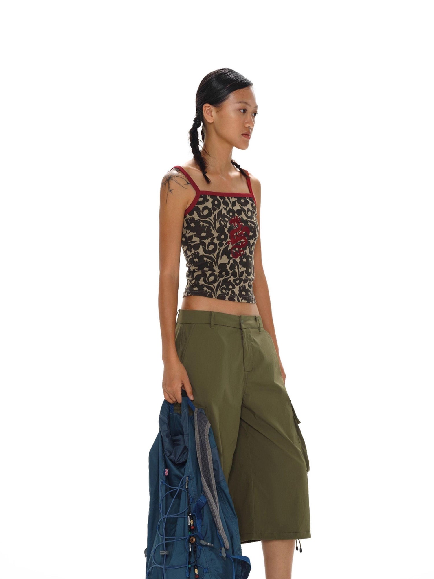 oinimi Flock Dragon Print Vintage Contrast Strap V-neck Top