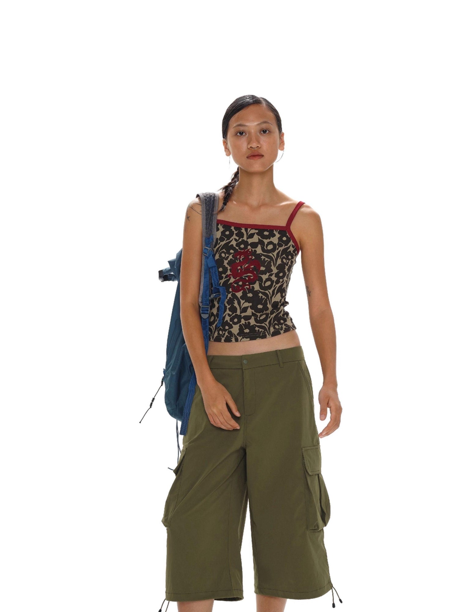 oinimi Flock Dragon Print Vintage Contrast Strap V-neck Top