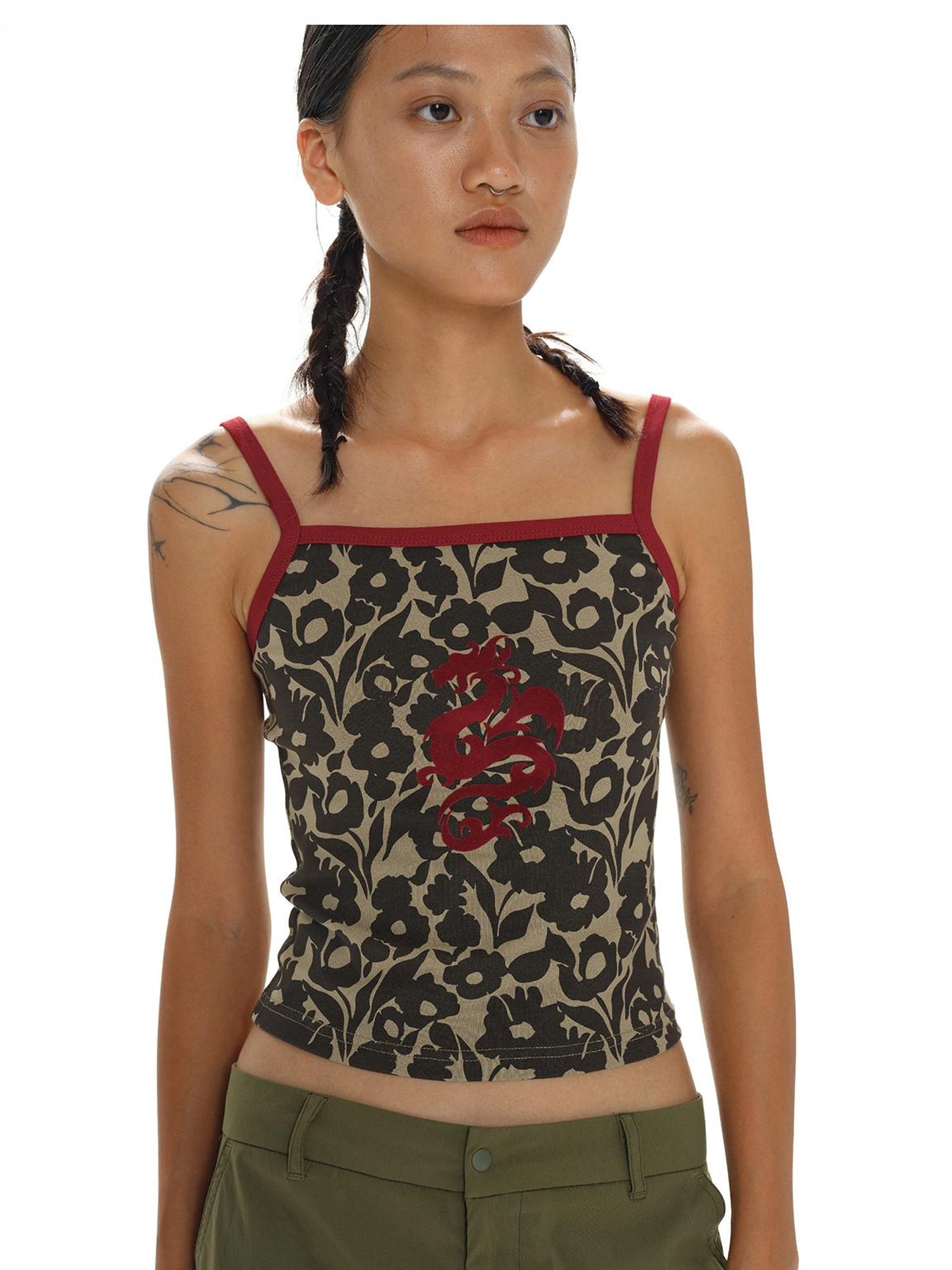oinimi Flock Dragon Print Vintage Contrast Strap V-neck Top