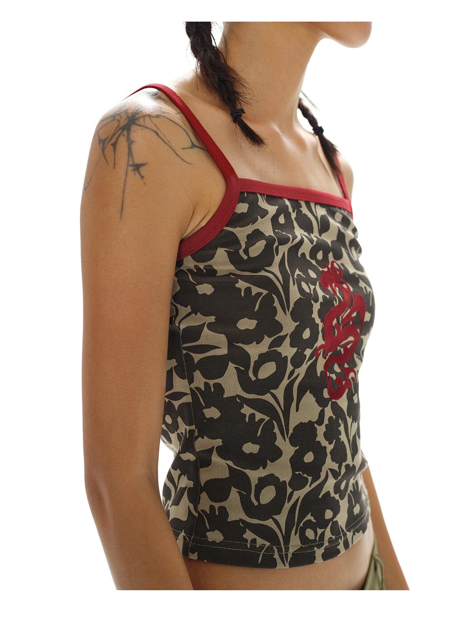 oinimi Flock Dragon Print Vintage Contrast Strap V-neck Top