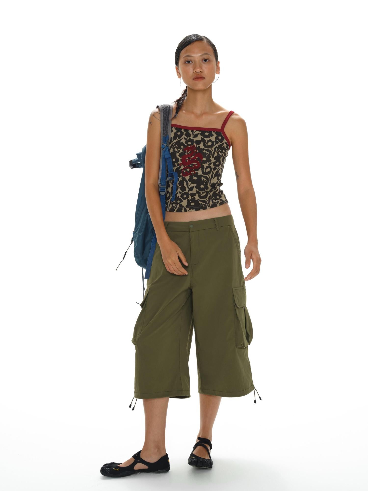 oinimi Flock Dragon Print Vintage Contrast Strap V-neck Top