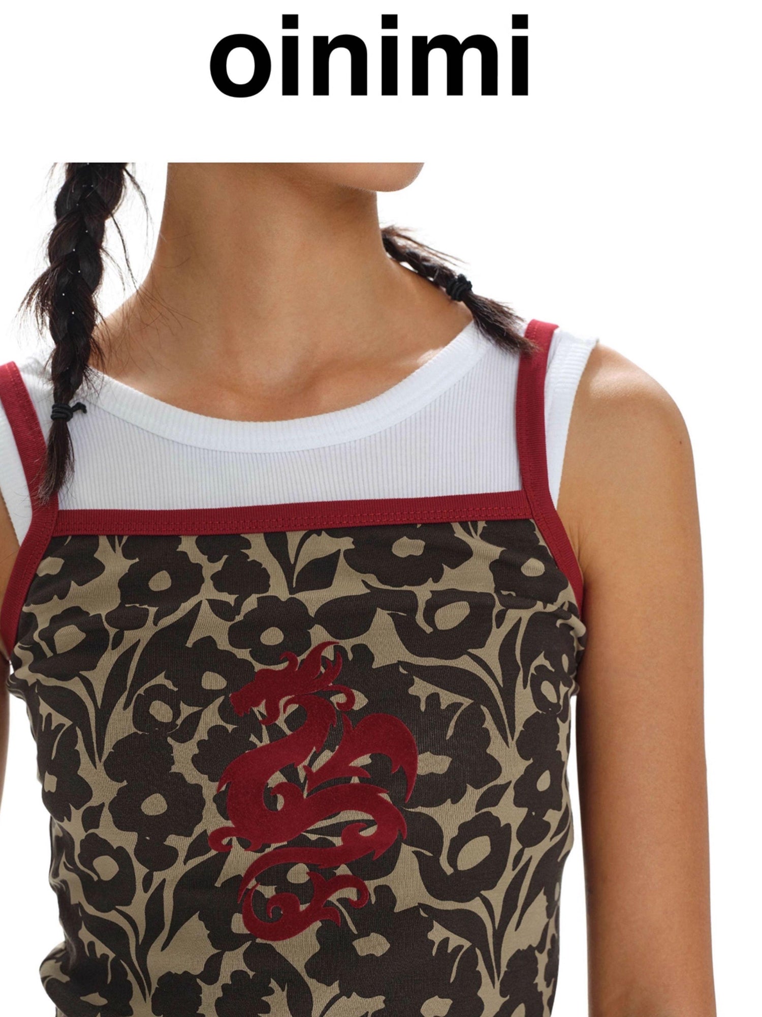 oinimi Flock Dragon Print Vintage Contrast Strap V-neck Top