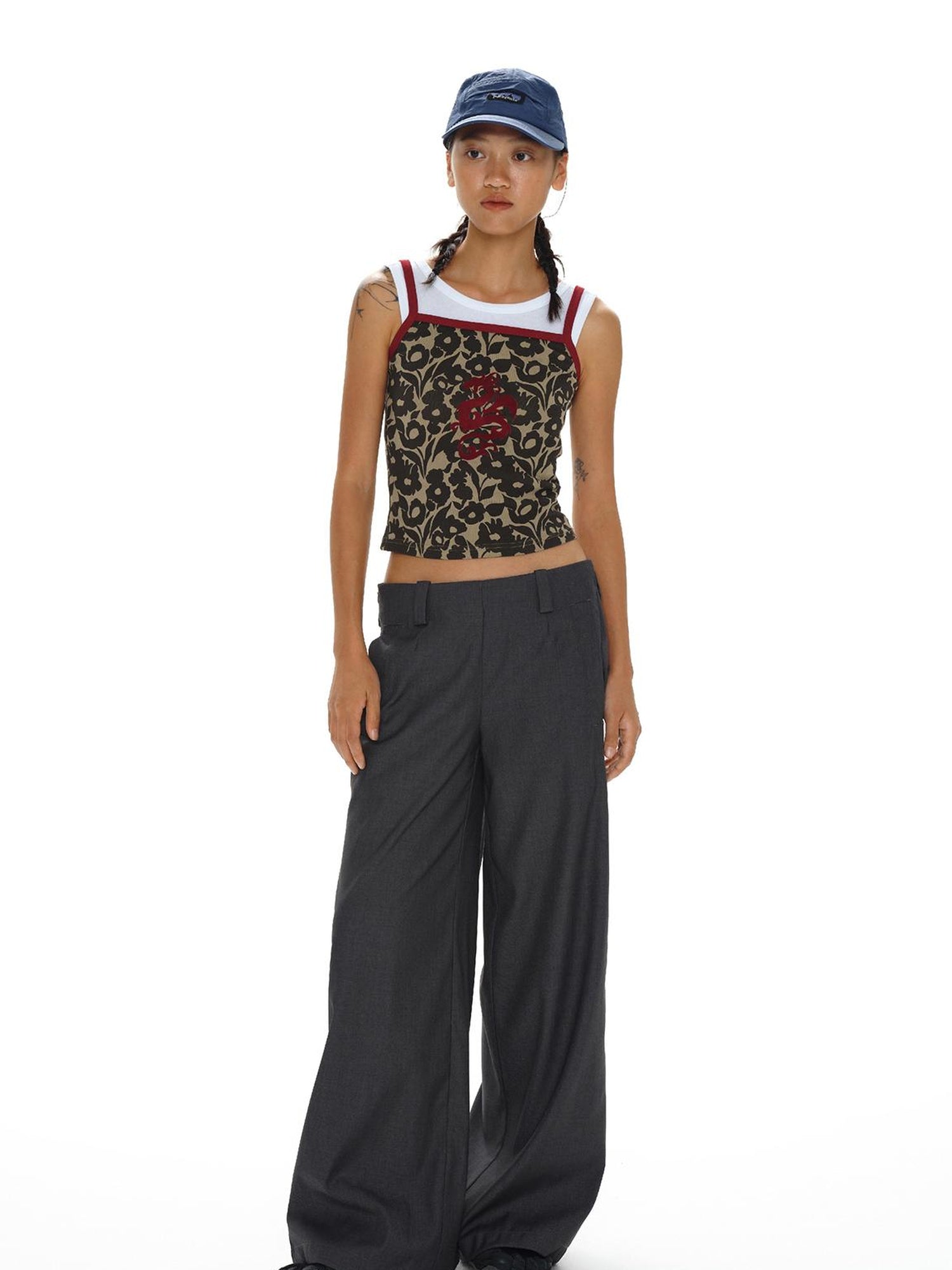 oinimi Flock Dragon Print Vintage Contrast Strap V-neck Top