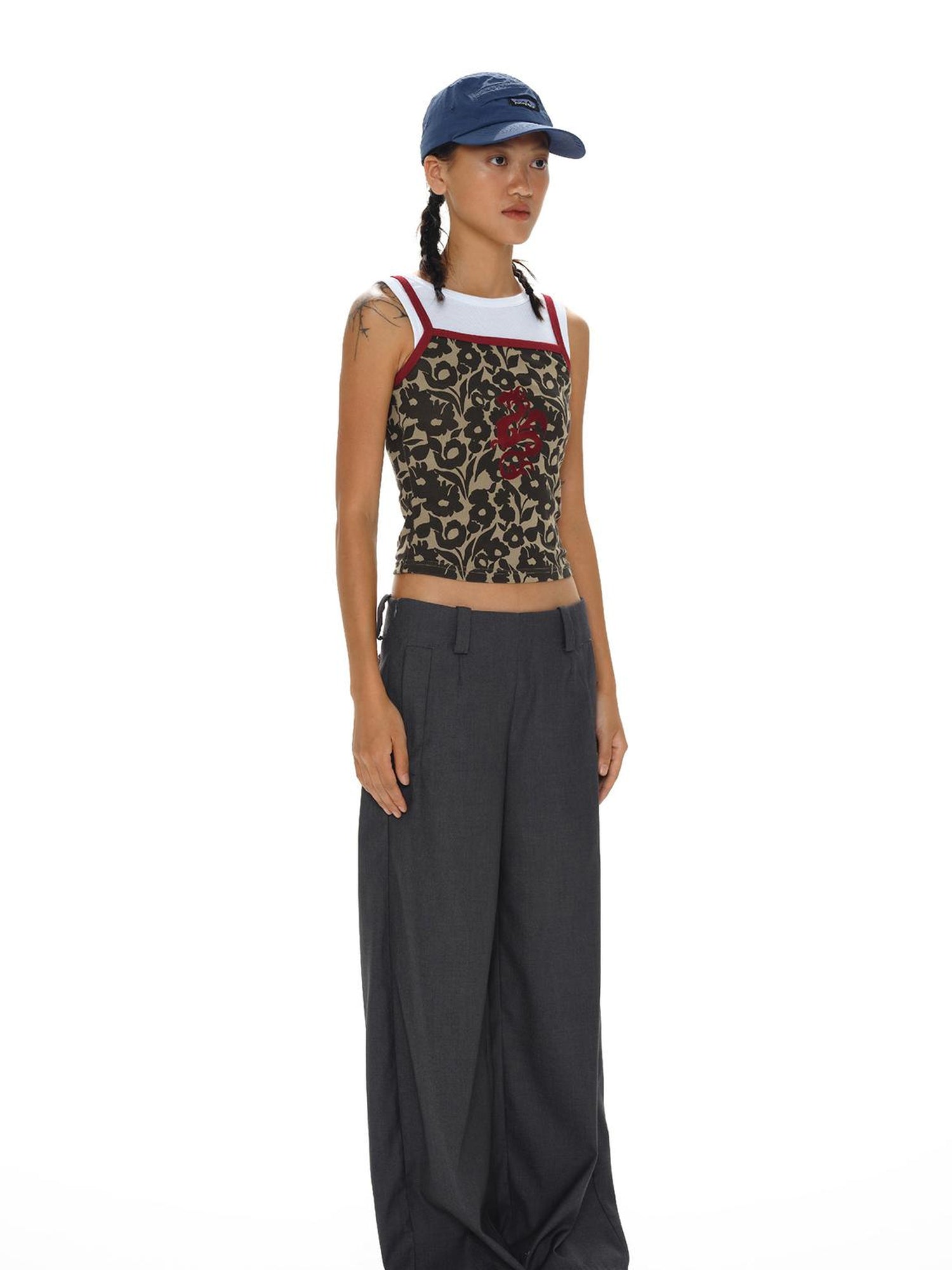 oinimi Flock Dragon Print Vintage Contrast Strap V-neck Top