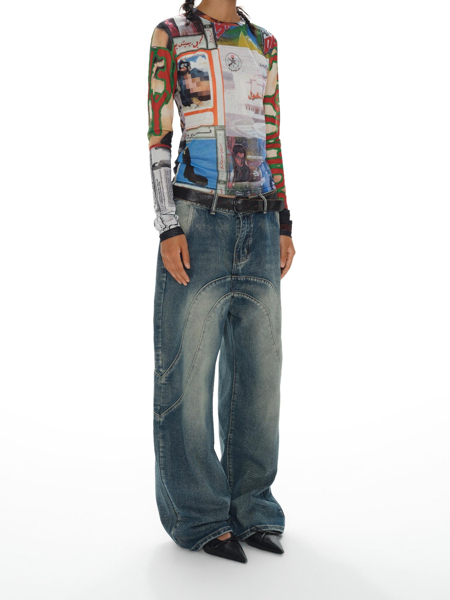 oinimi Fun Print Mesh Long Sleeve Base Layer Color Blocking