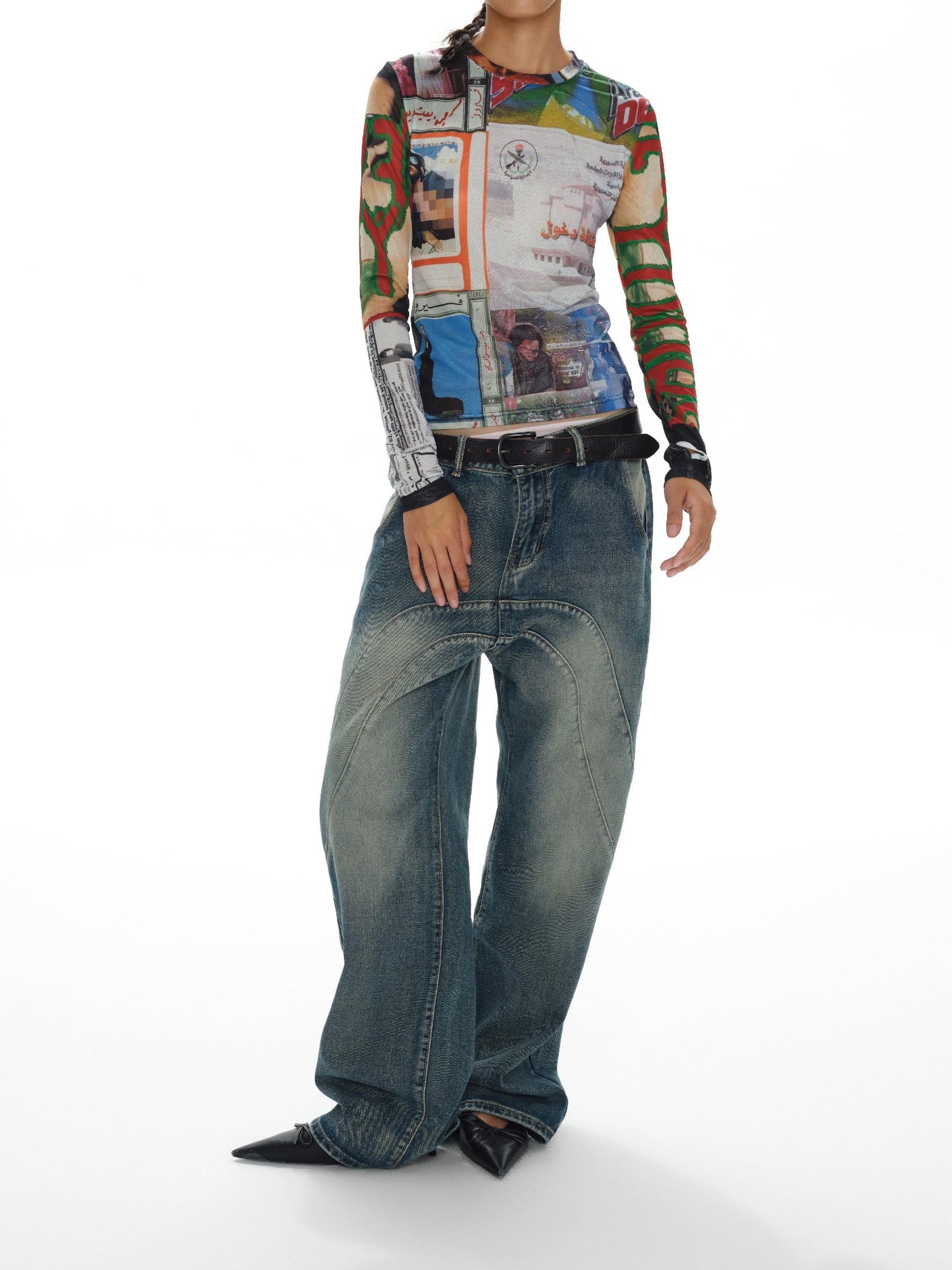 oinimi Fun Print Mesh Long Sleeve Base Layer Color Blocking