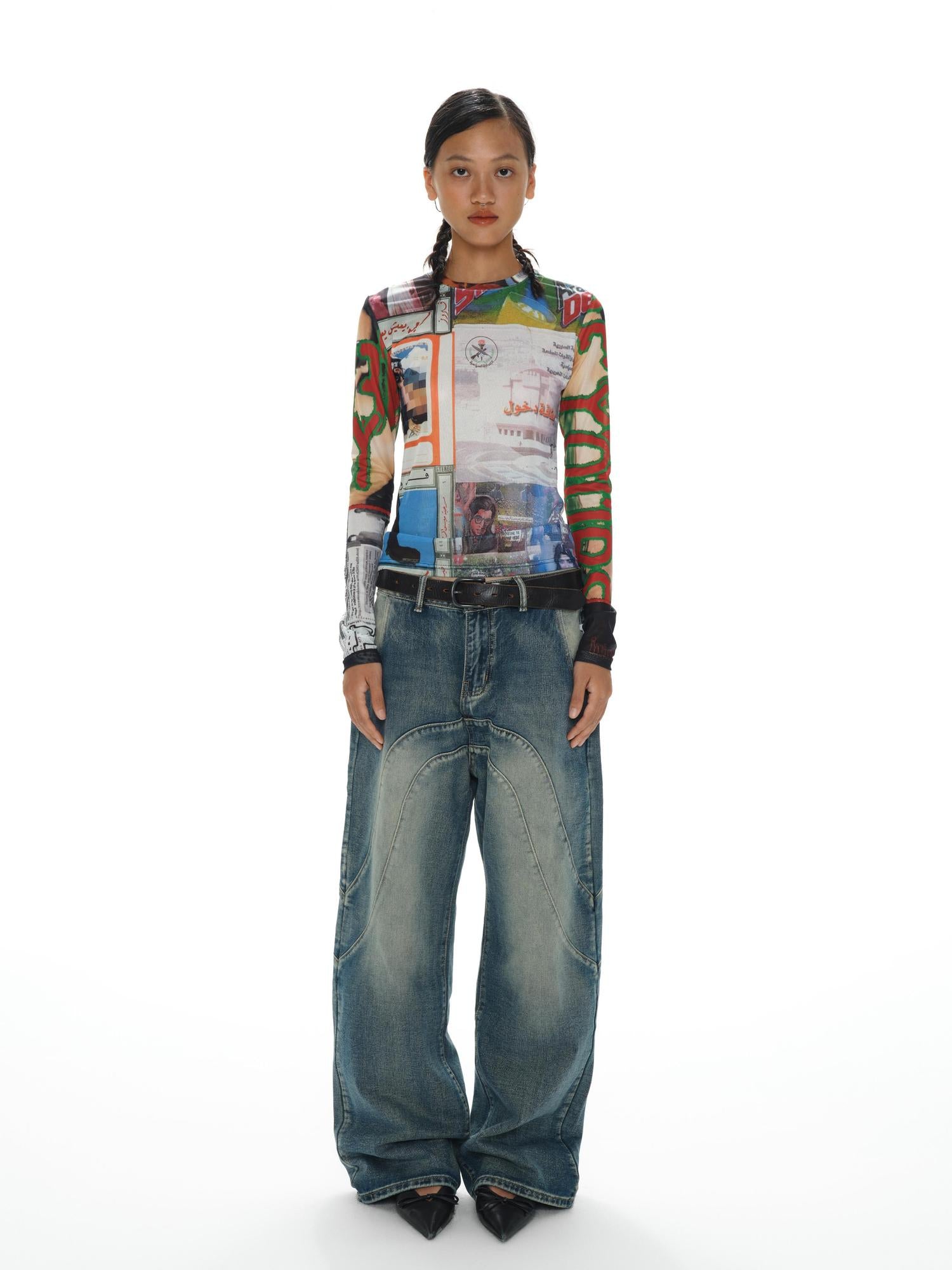 oinimi Fun Print Mesh Long Sleeve Base Layer Color Blocking