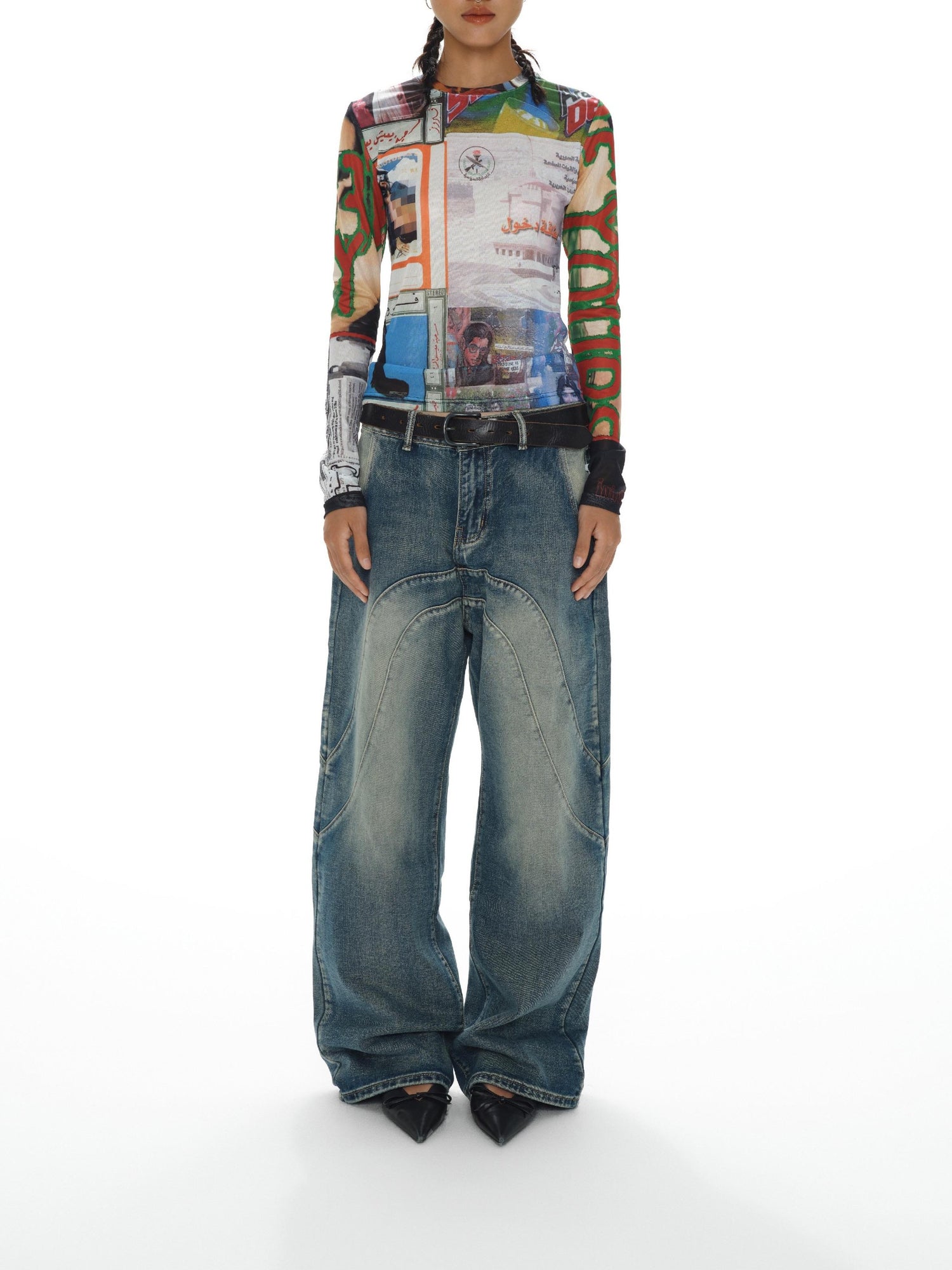 oinimi Fun Print Mesh Long Sleeve Base Layer Color Blocking