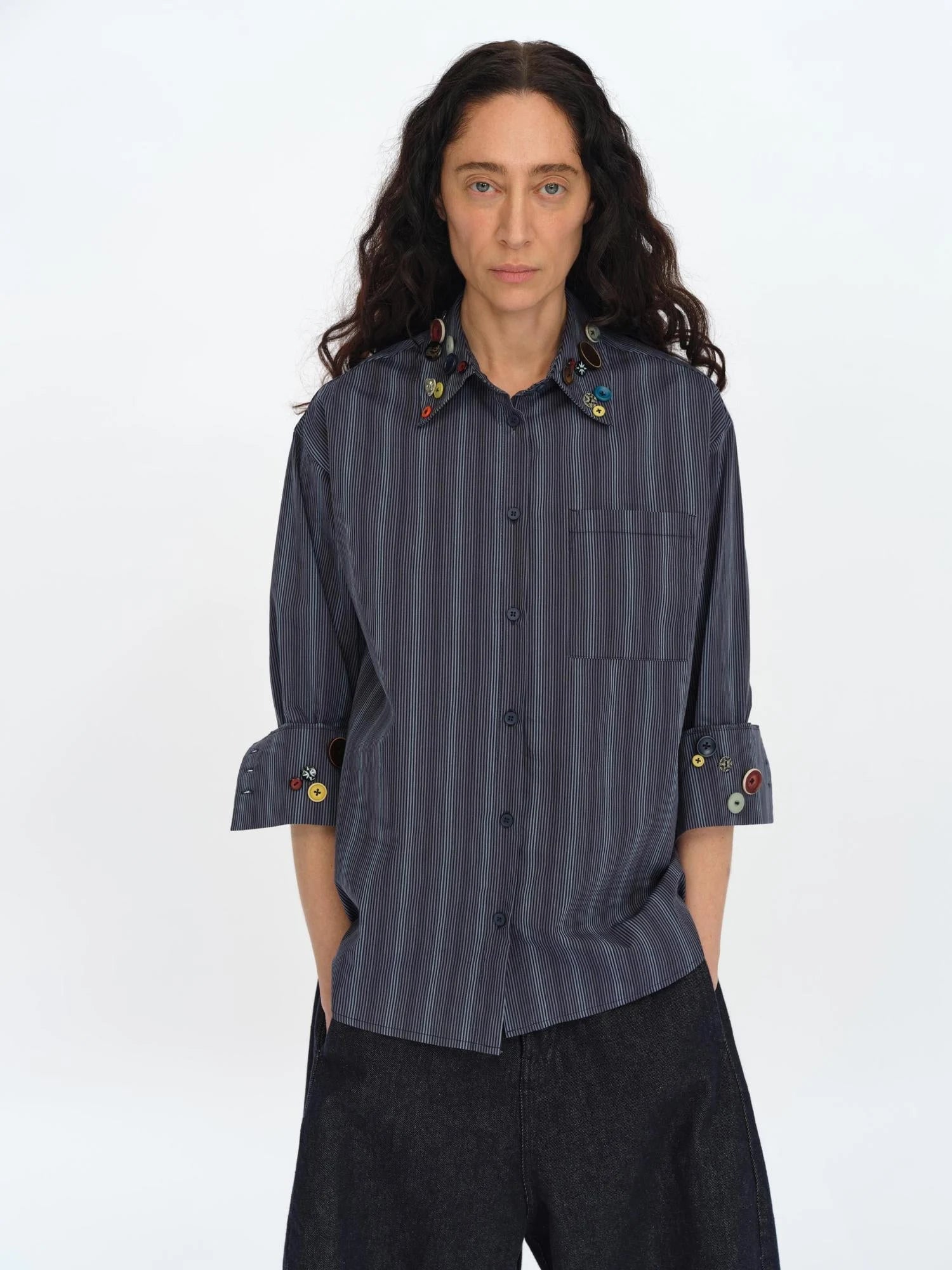 Fun Striped Button Down Shirt With Multiple Buttons