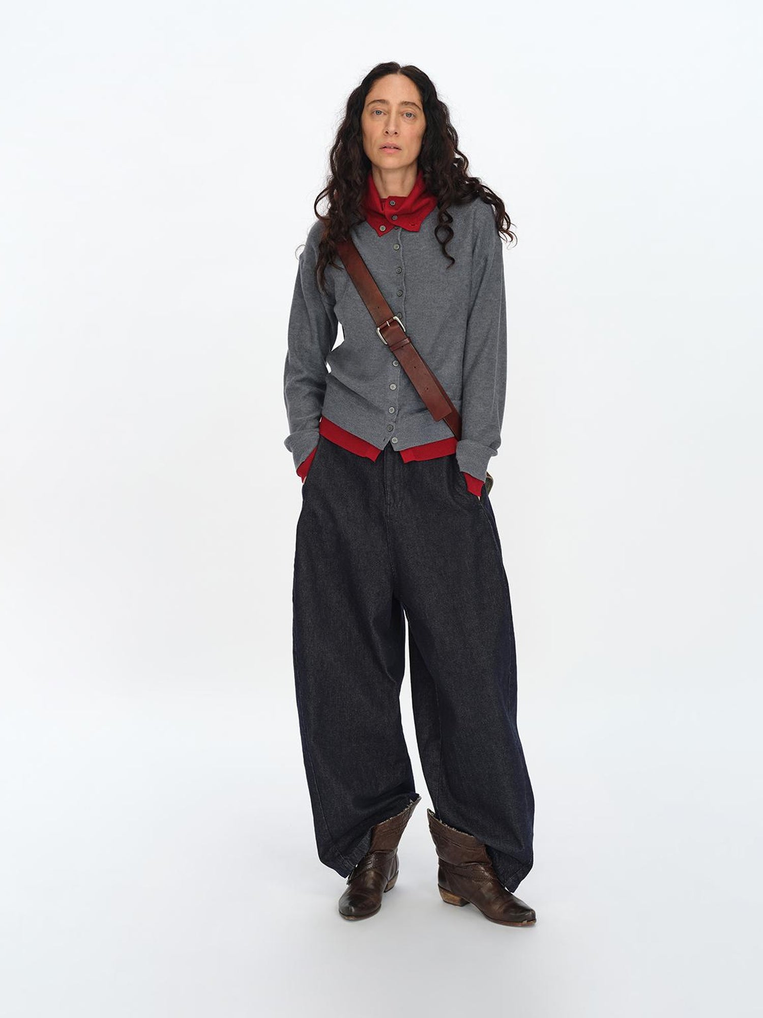 oinimi Gray Red Layered Collar Knit Cardigan