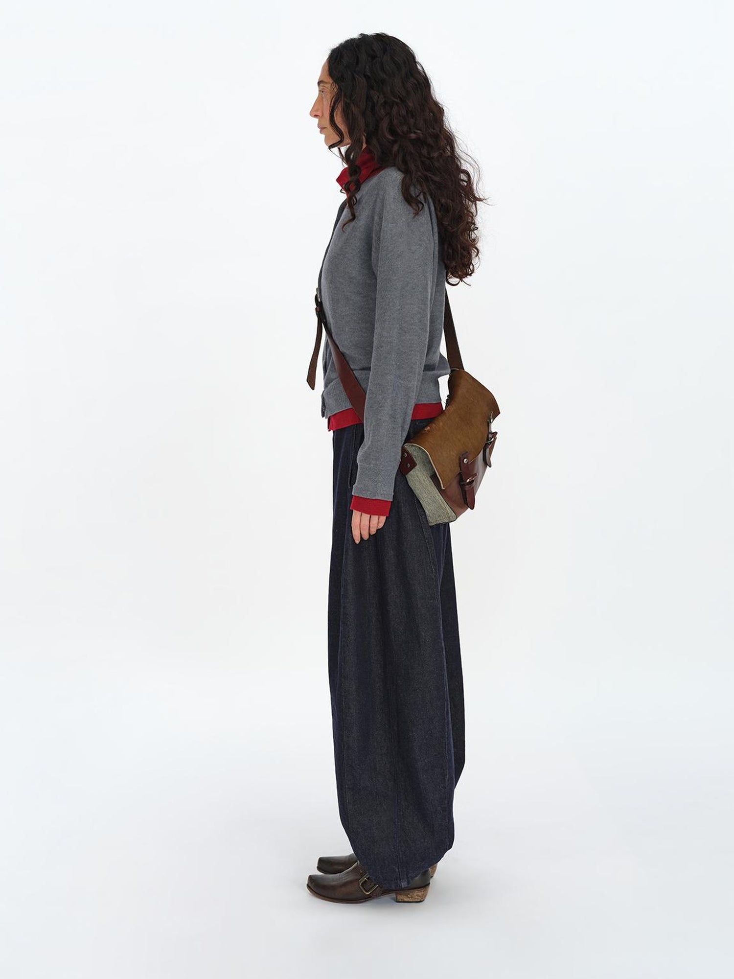 oinimi Gray Red Layered Collar Knit Cardigan
