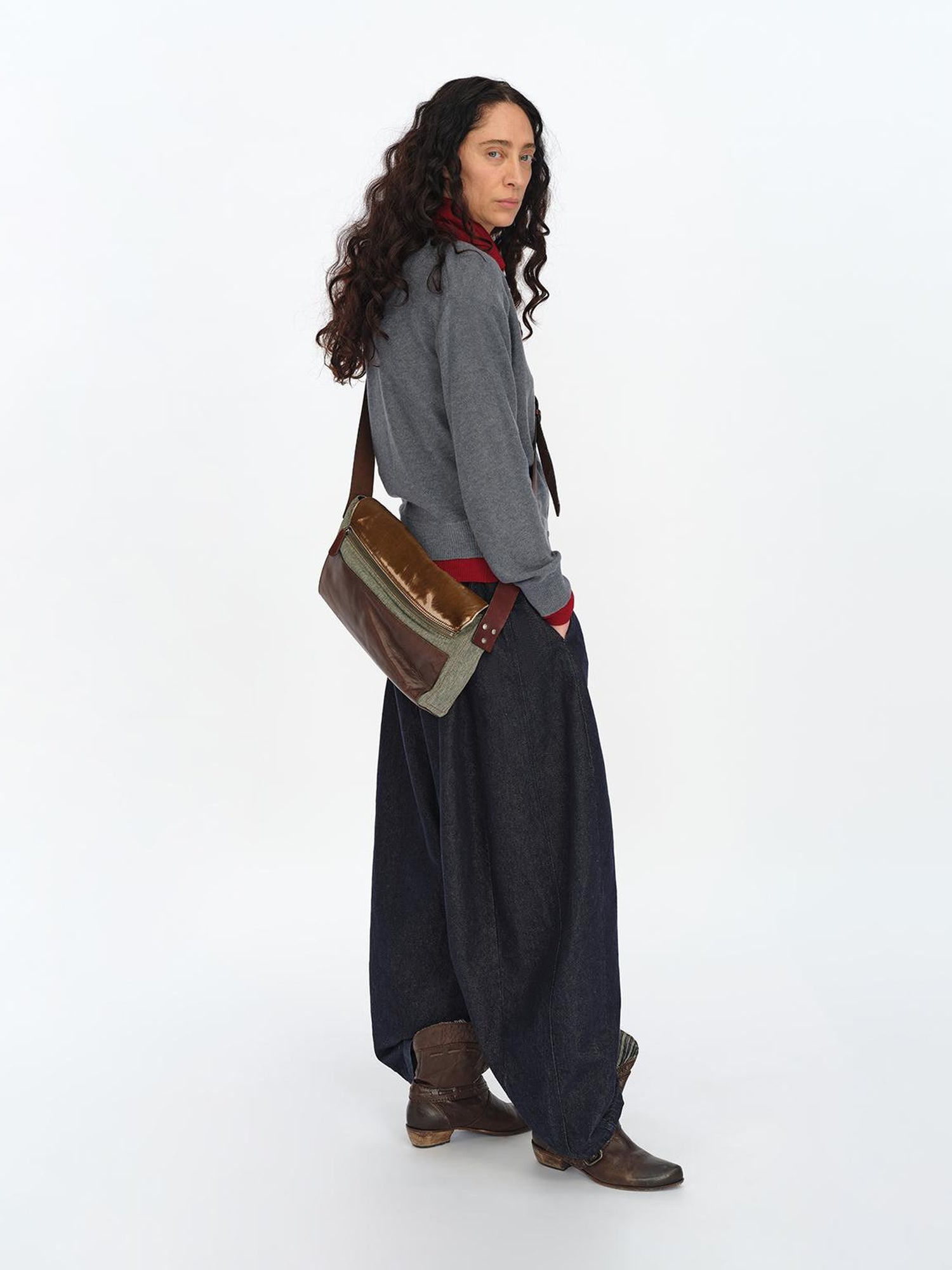 oinimi Gray Red Layered Collar Knit Cardigan